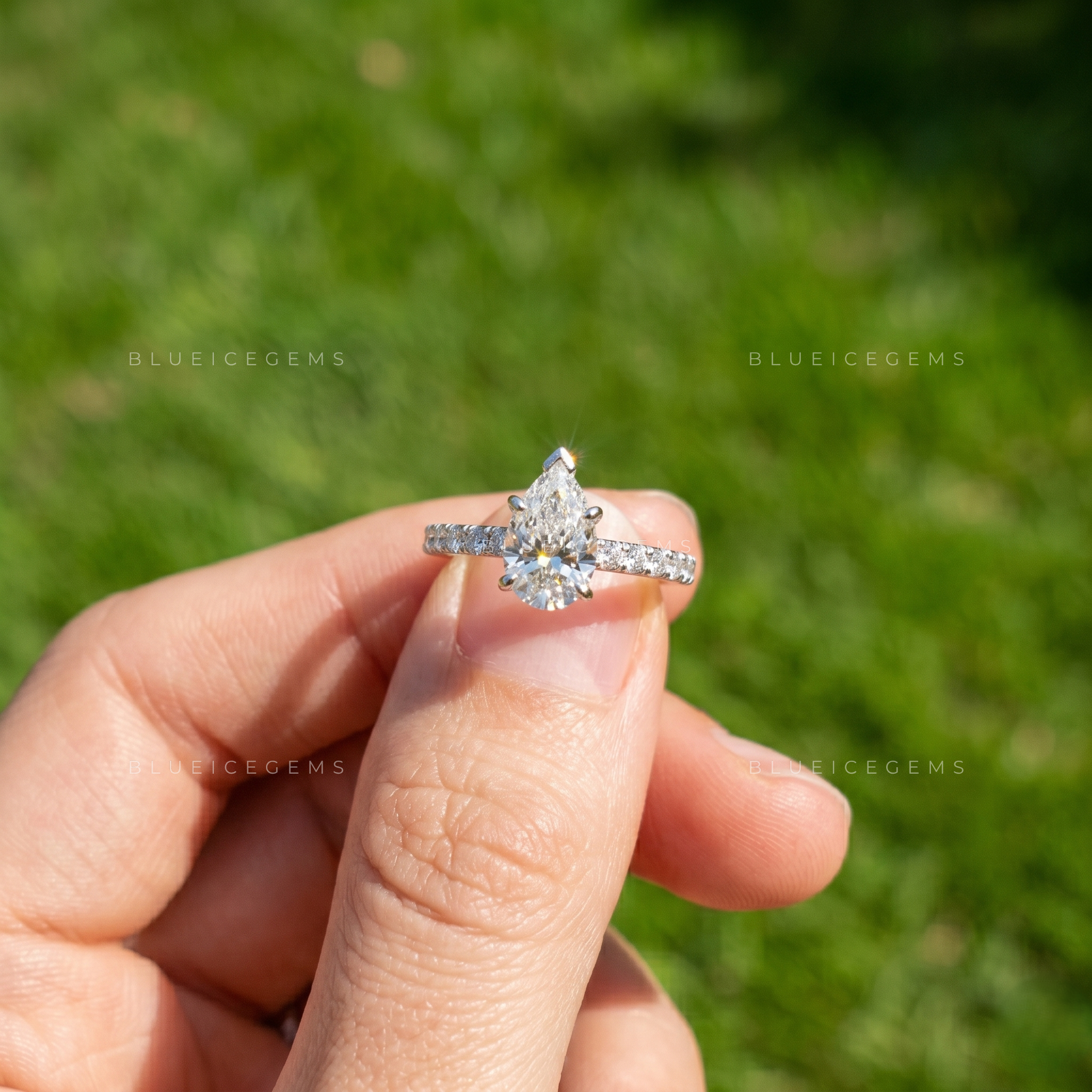 Graceful Radiance Pear Cut Solitaire Engagement Ring with Brilliant Accent Stones Anniversary Promise Band