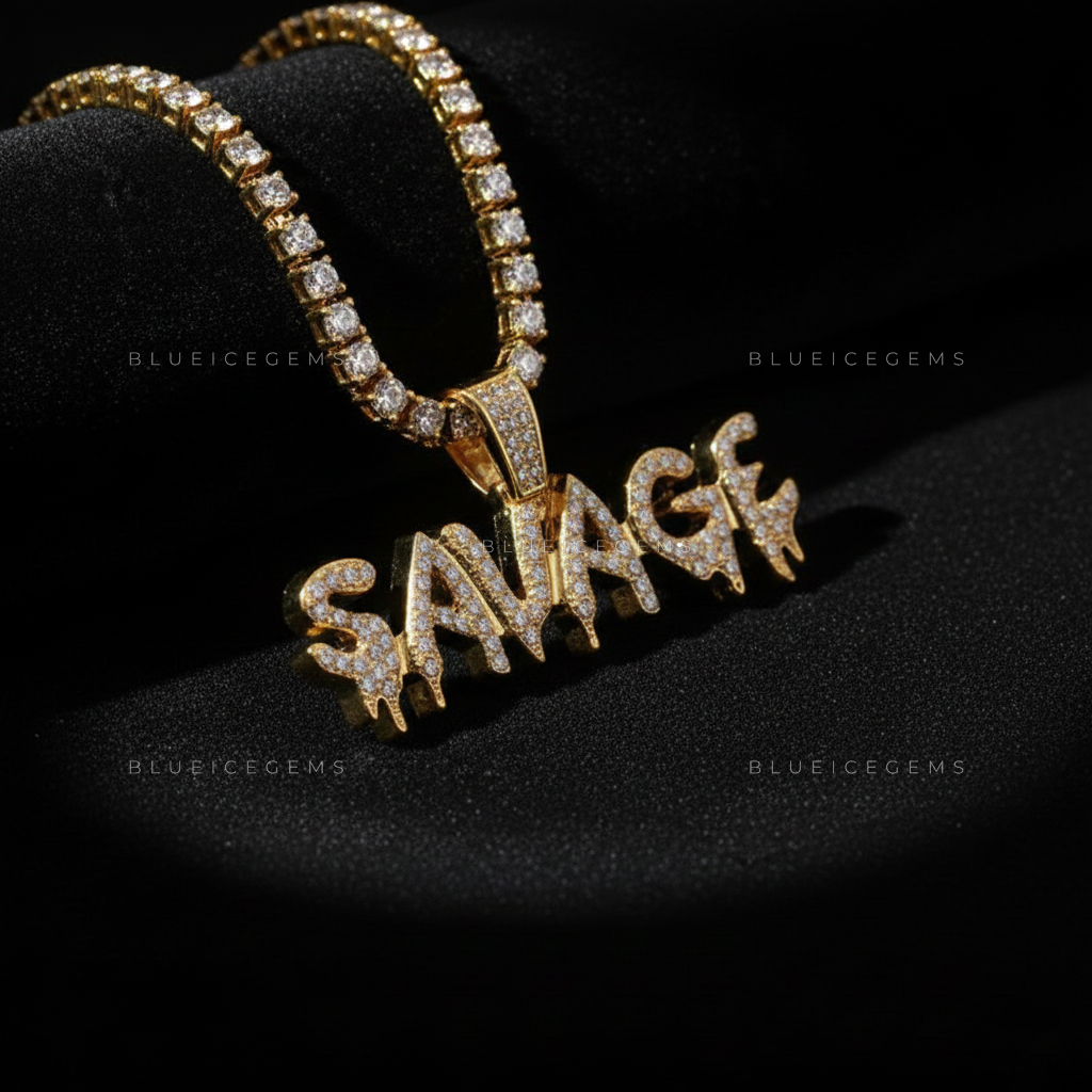 The "SAVAGE" Drip: Liquid-Effect 3D Bubble Script & Golden Halo Pendant