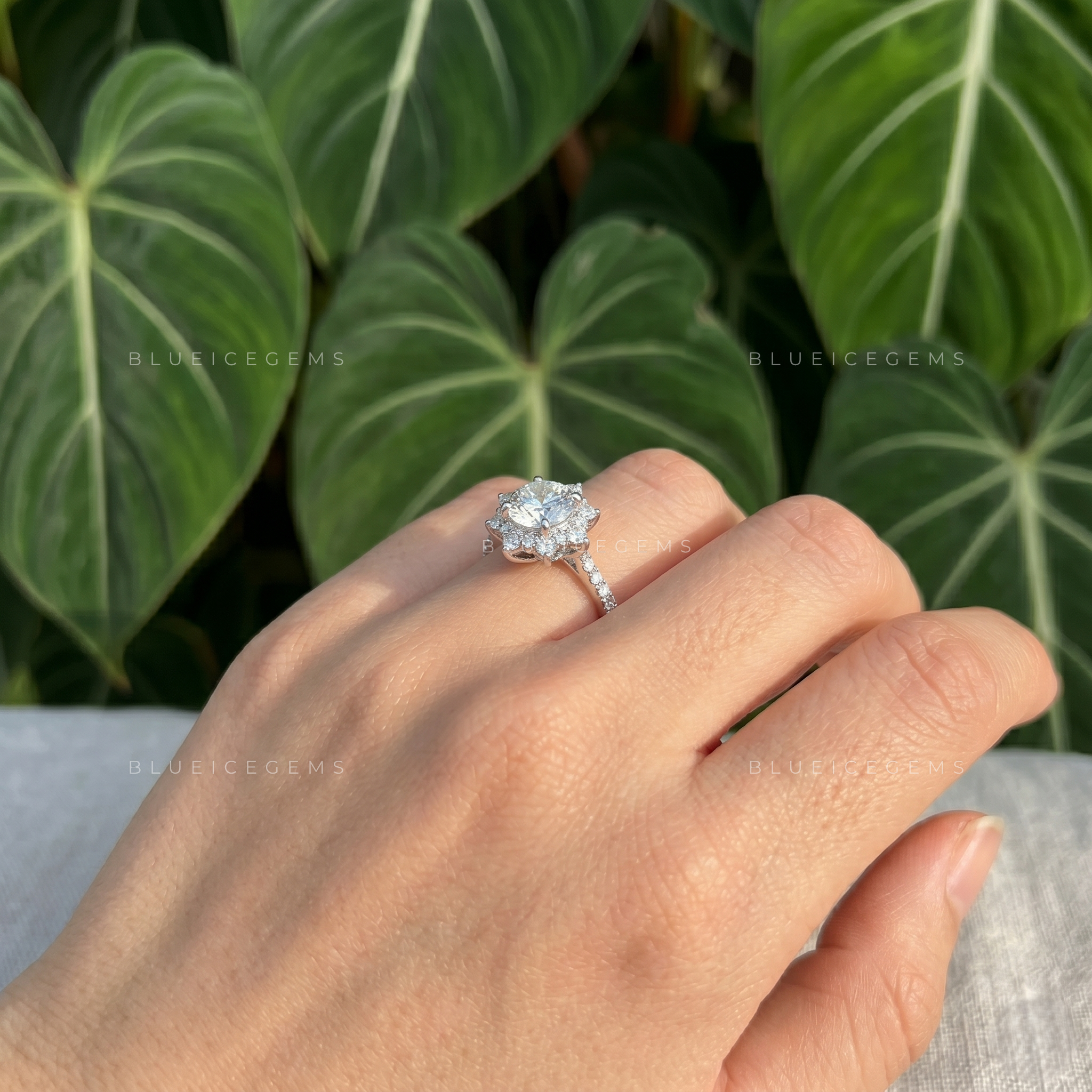 Ethereal Radiance Round Cut Cluster Halo Low Setting Engagement Ring