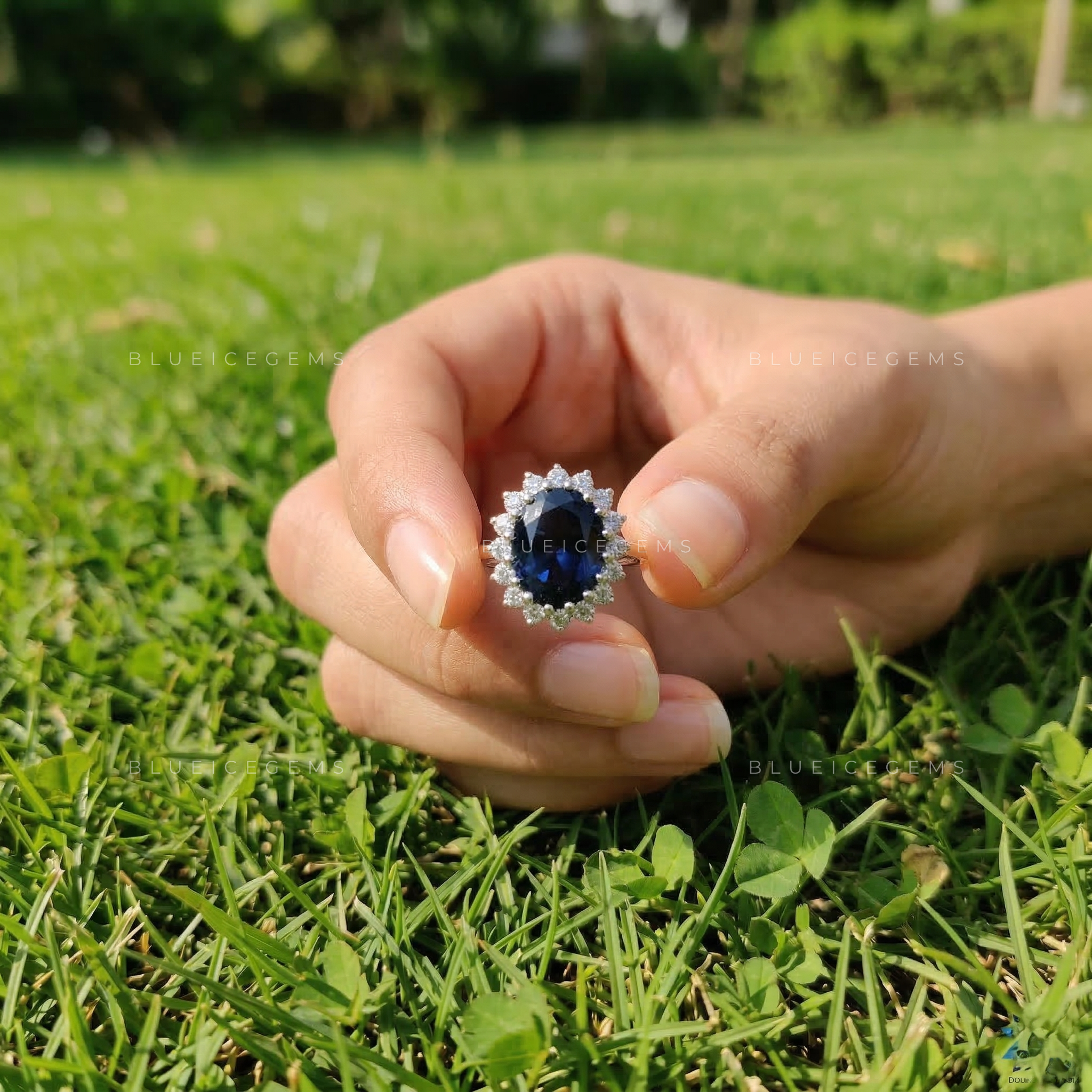Celestial Azure Blue Topaz and Lab Grown Diamond Halo Ring