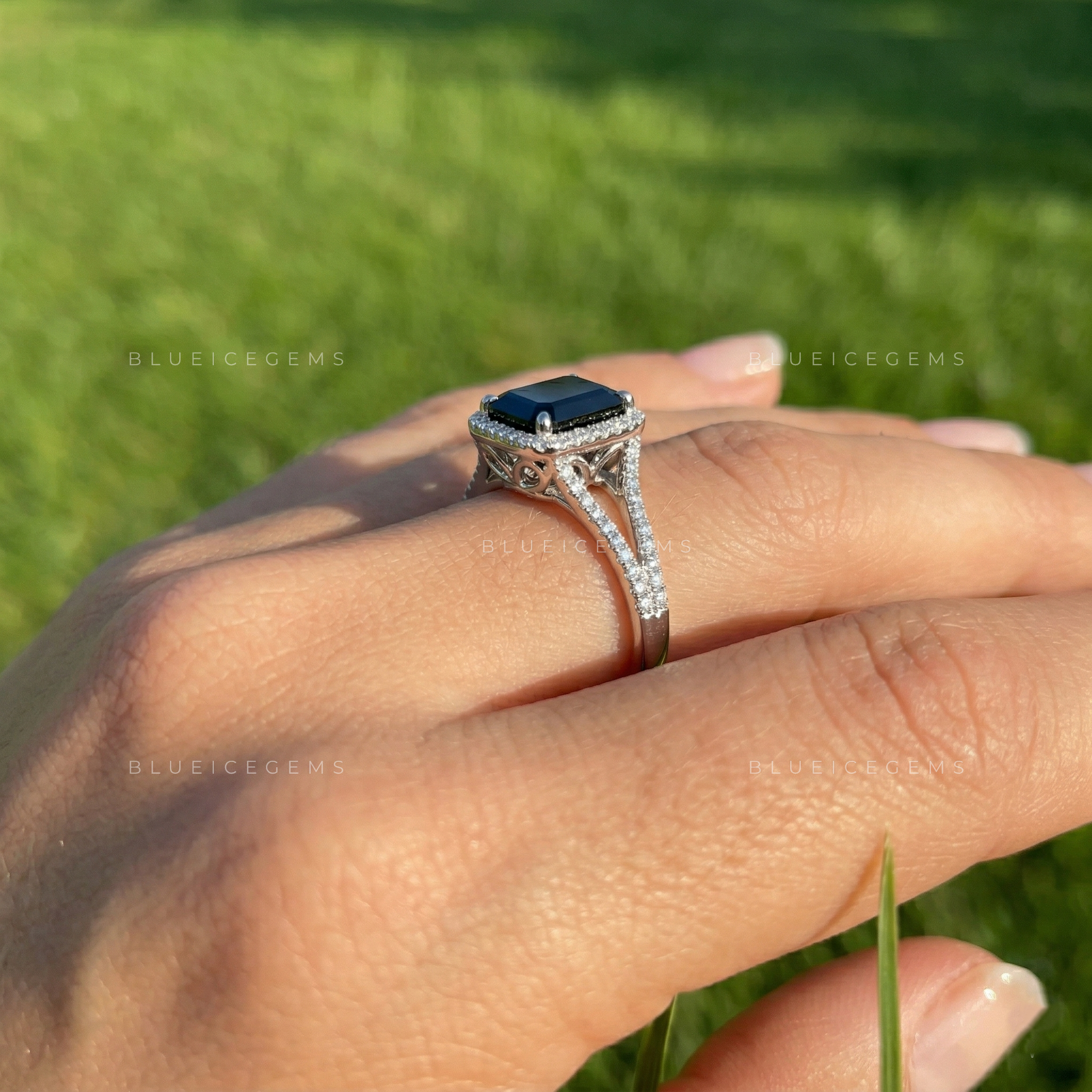 Midnight Noir Emerald Cut Black Diamond Halo Engagement Ring