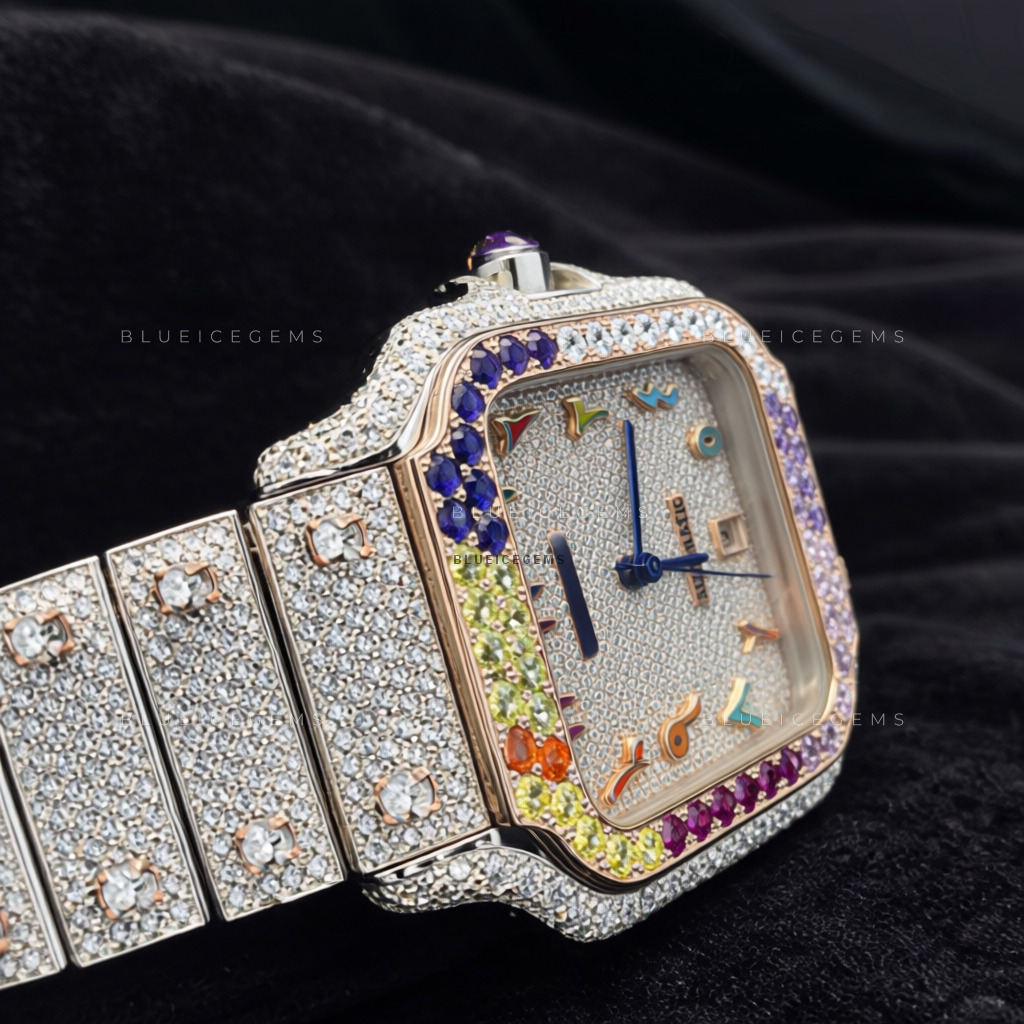 Prism Spectrum: Fully Iced-Out Custom Arabic Rainbow Watch