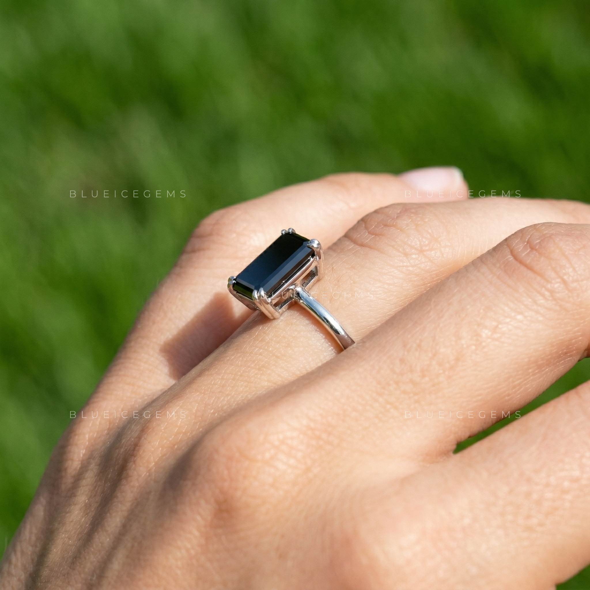 Midnight Noir Elongated Emerald Cut Black Diamond Solitaire Ring