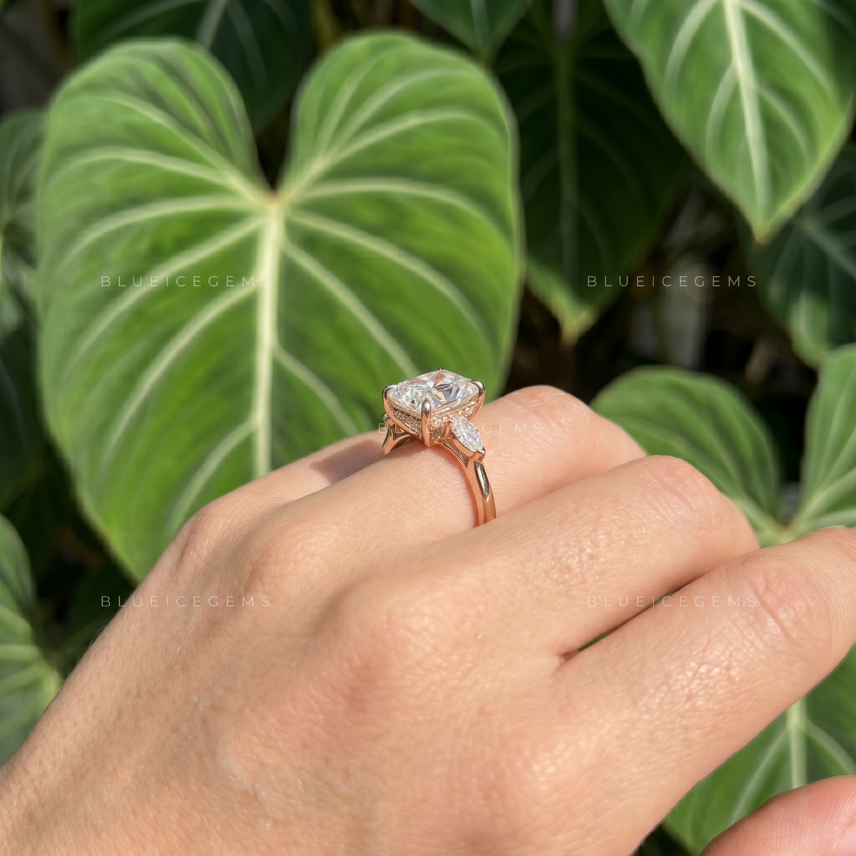 Radiant Cut Three Stone Engagement Ring with Marquise Side Accents