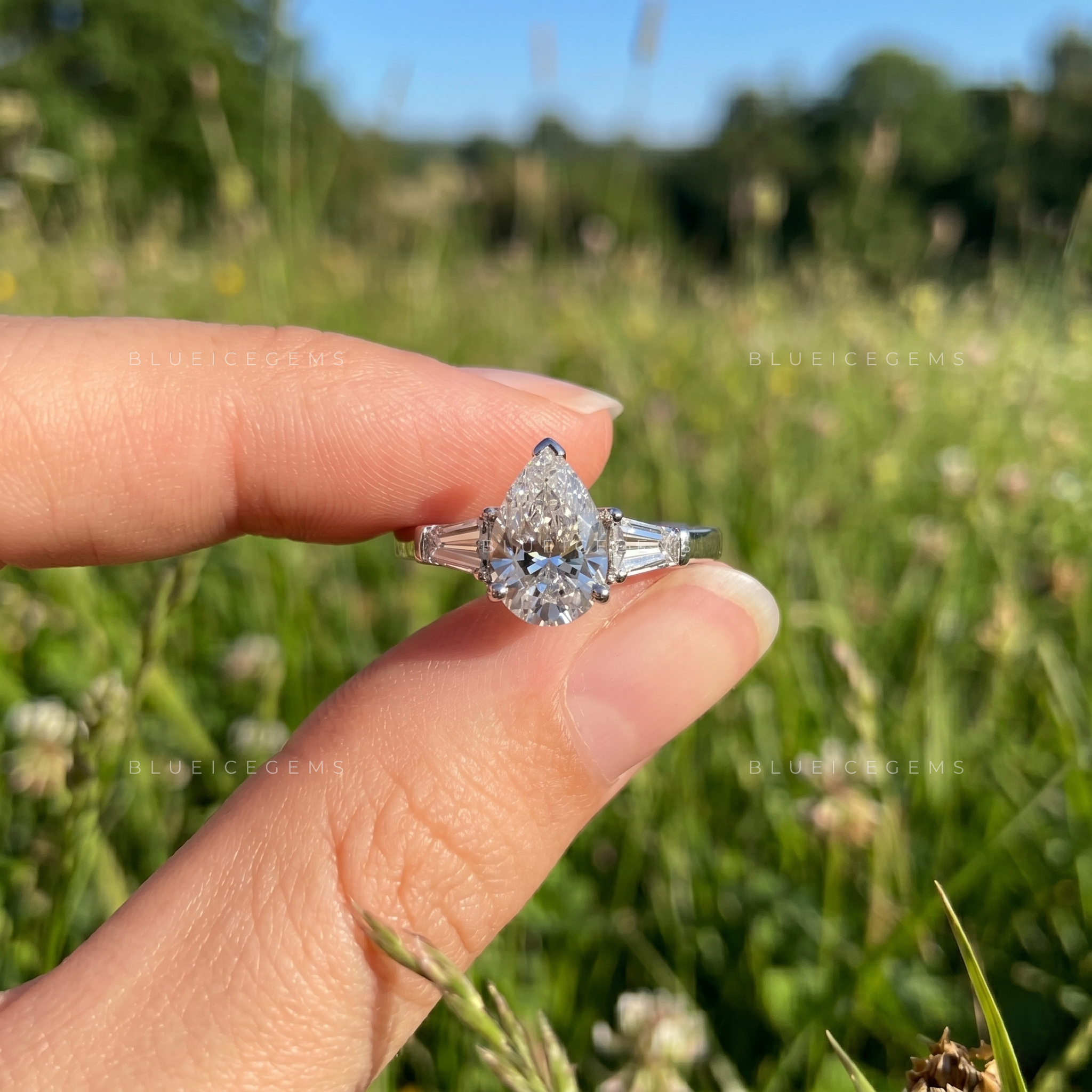 Elegant Trilogy Pear Cut with Tapered Baguette Side Stones Engagement Ring