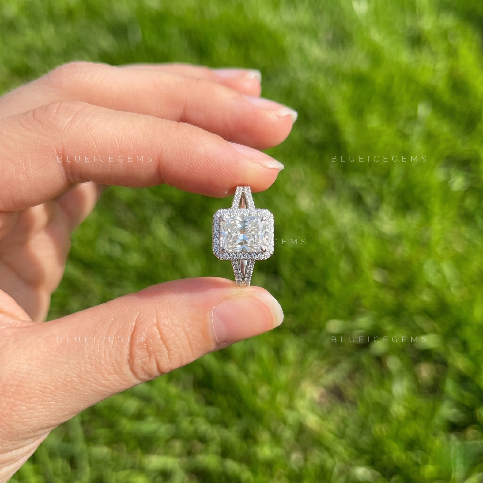 Exquisite Glamour Radiant Cut Halo Split Pave Shank Engagement Ring