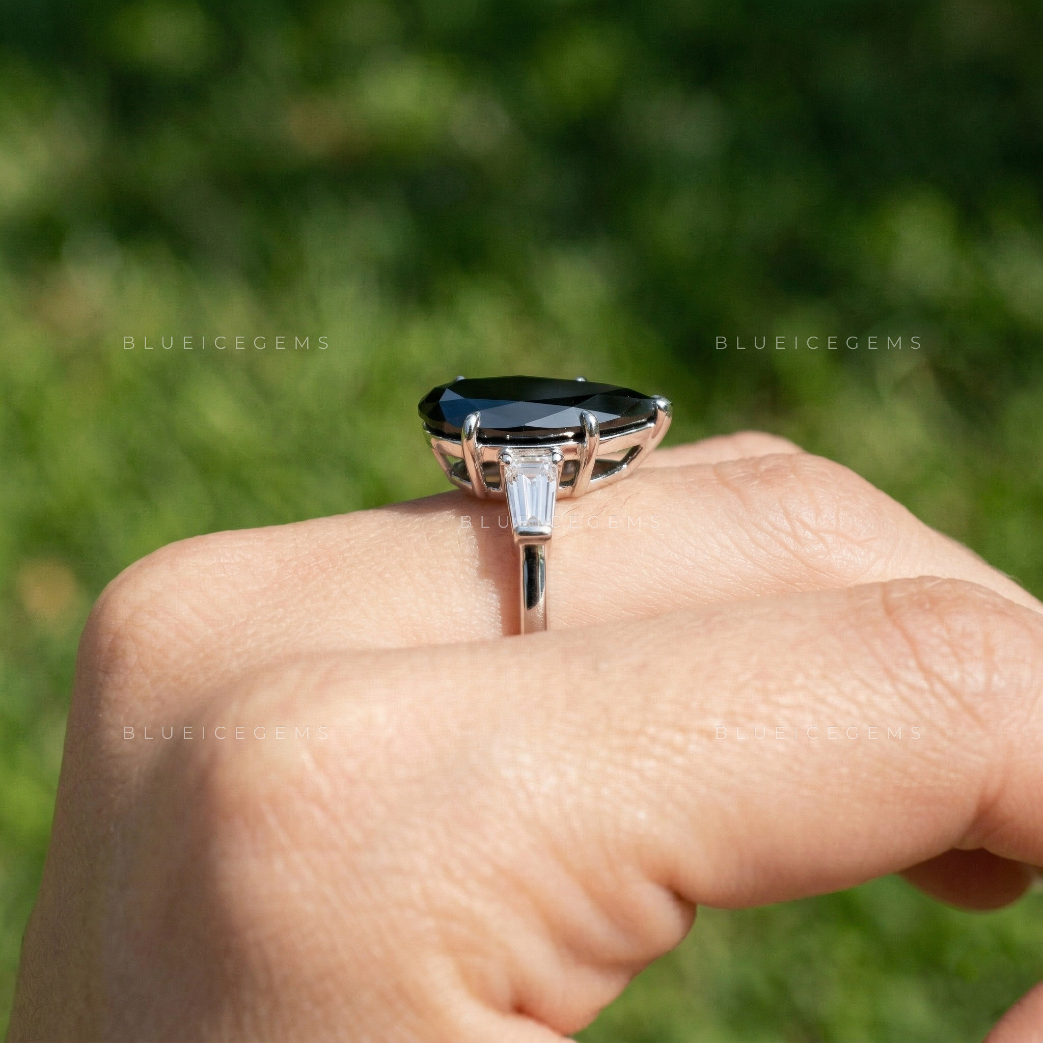 Midnight Noir Elongated Pear Cut Black Moissanite Art Deco Ring