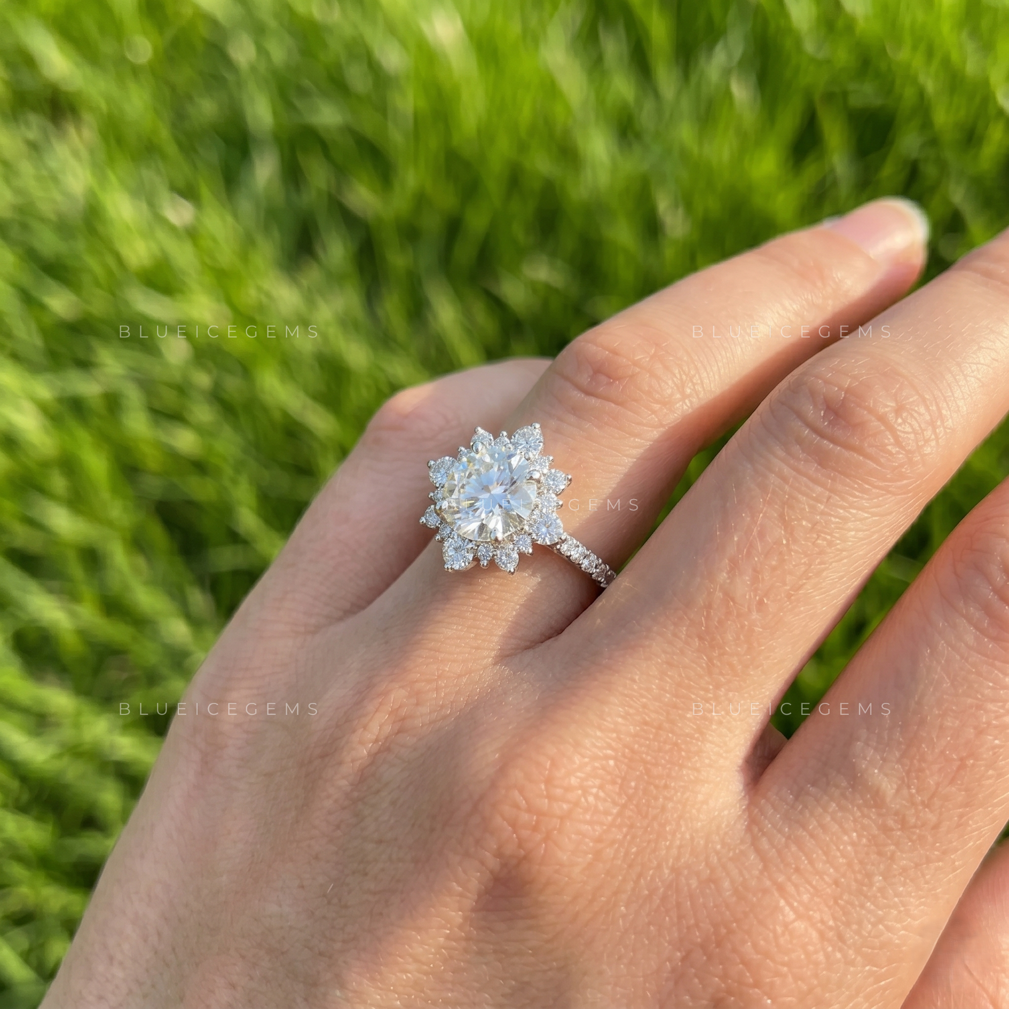 Distinctive Low-Profile Round Brilliant Cut Halo Cluster Keepsake Ring
