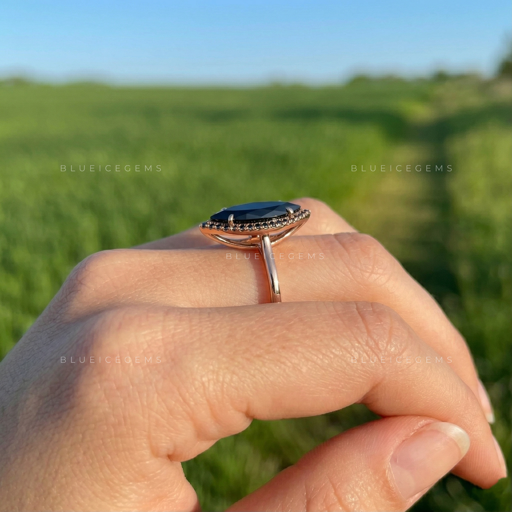 Midnight Noir Long Marquise Black Moissanite Accent Ring