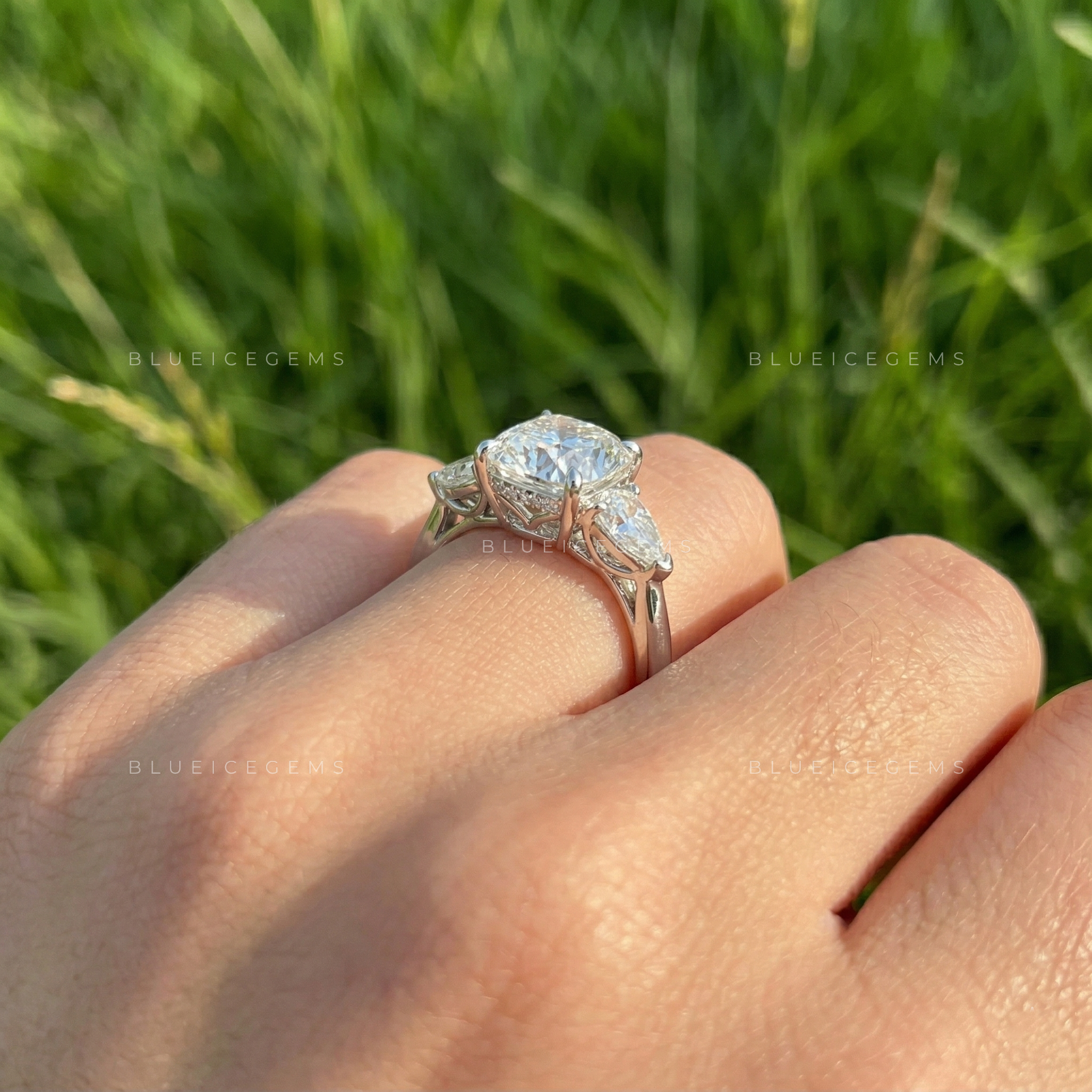 Romantic Sophistication Cushion Cut Floral Trilogy Engagement Ring