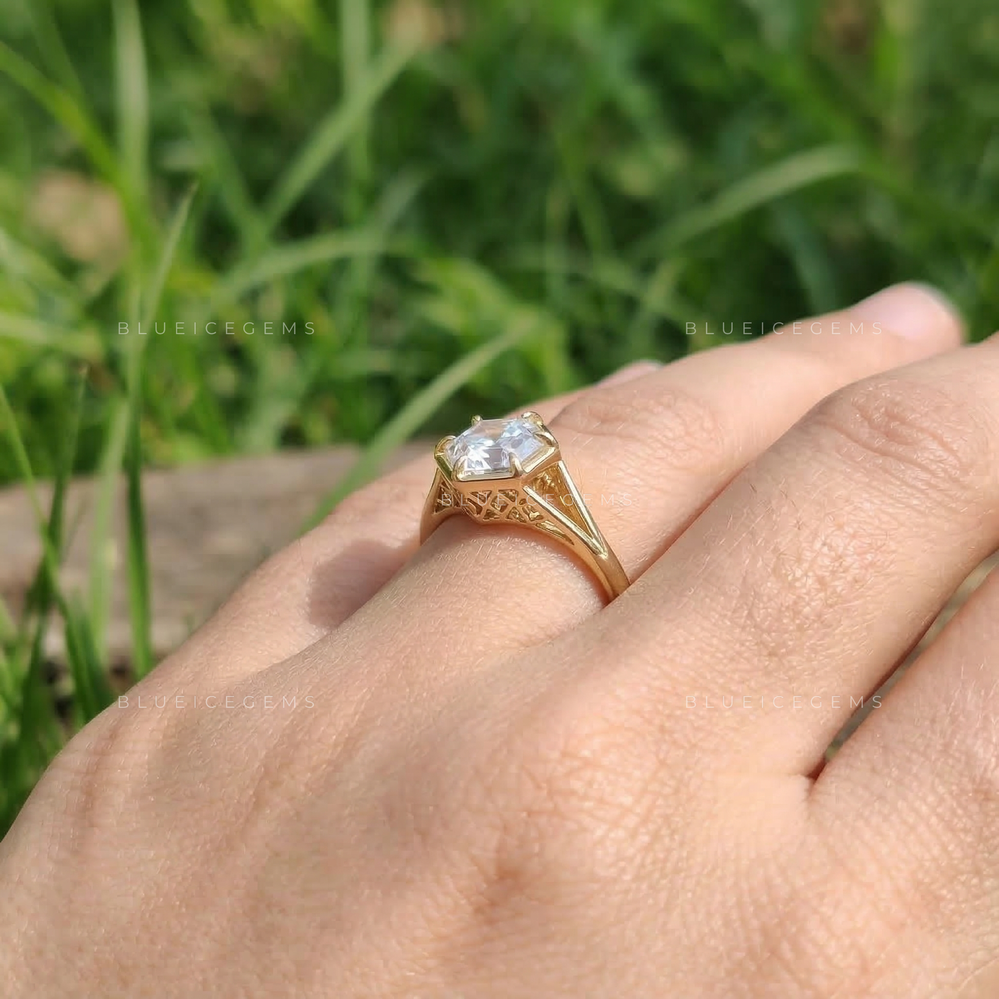 Geometric Essence Hexagon Step Cut Six Prong Ring