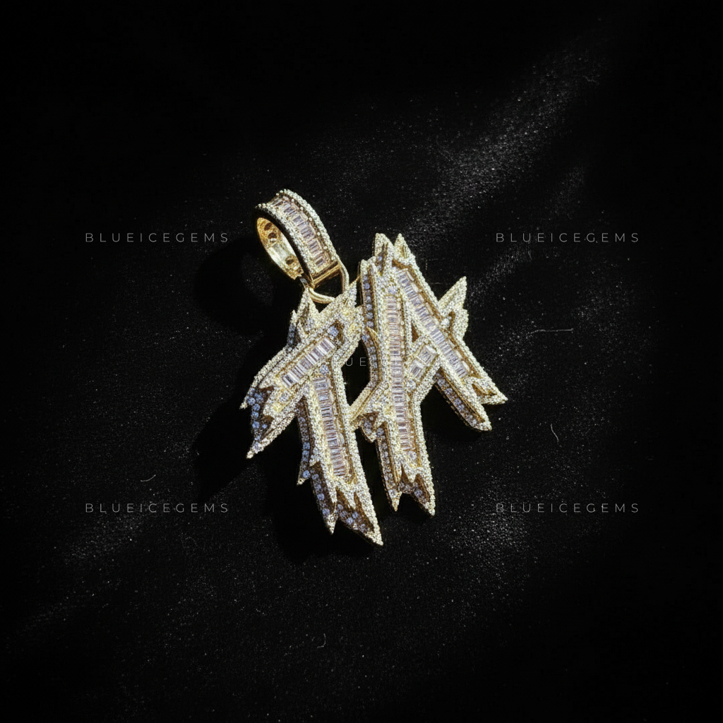 The "TA" Electric Signature: Baguette Mosaic & Jagged Bolt Initial Pendant