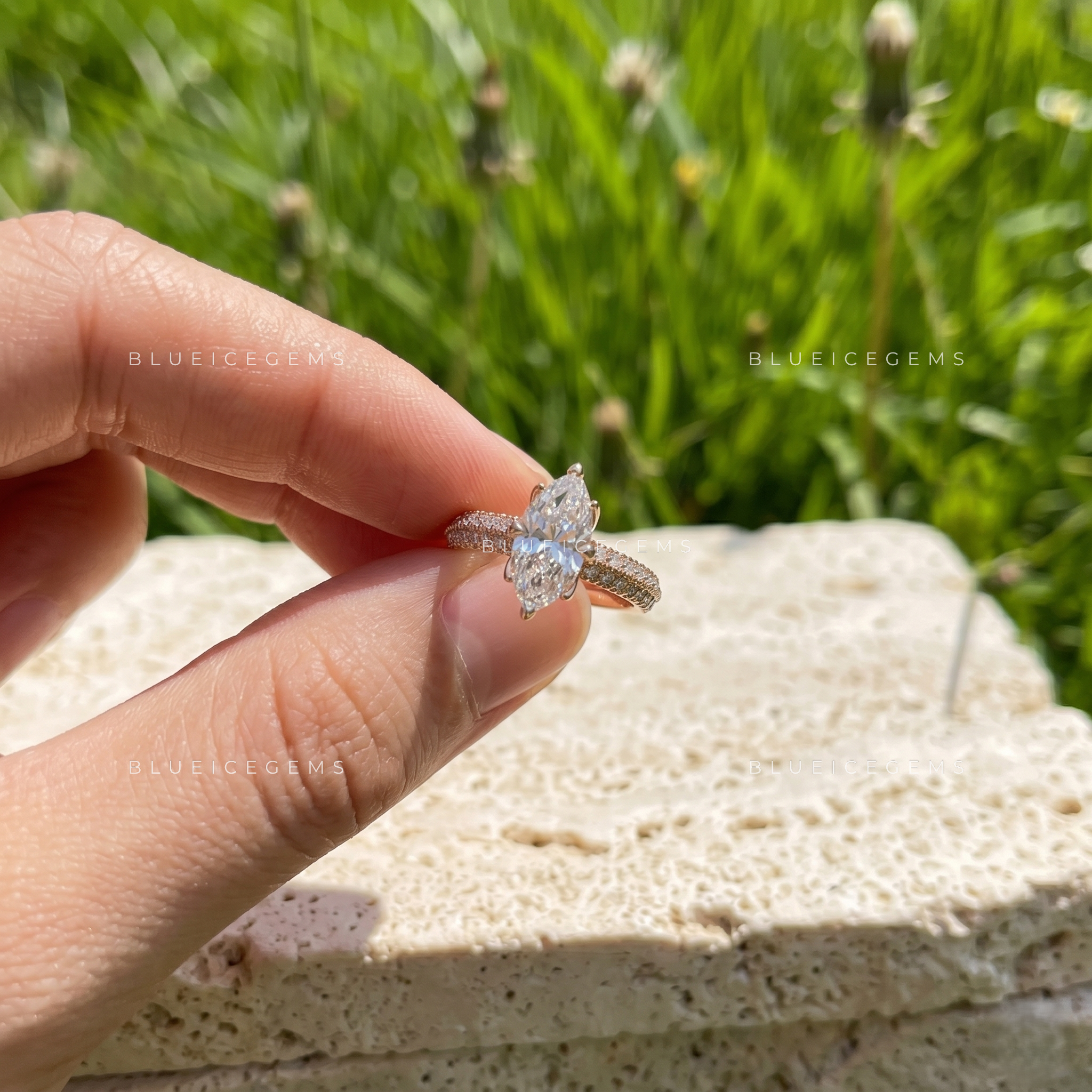 Opulent Crest Marquise Cut Side Stone Engagement Ring