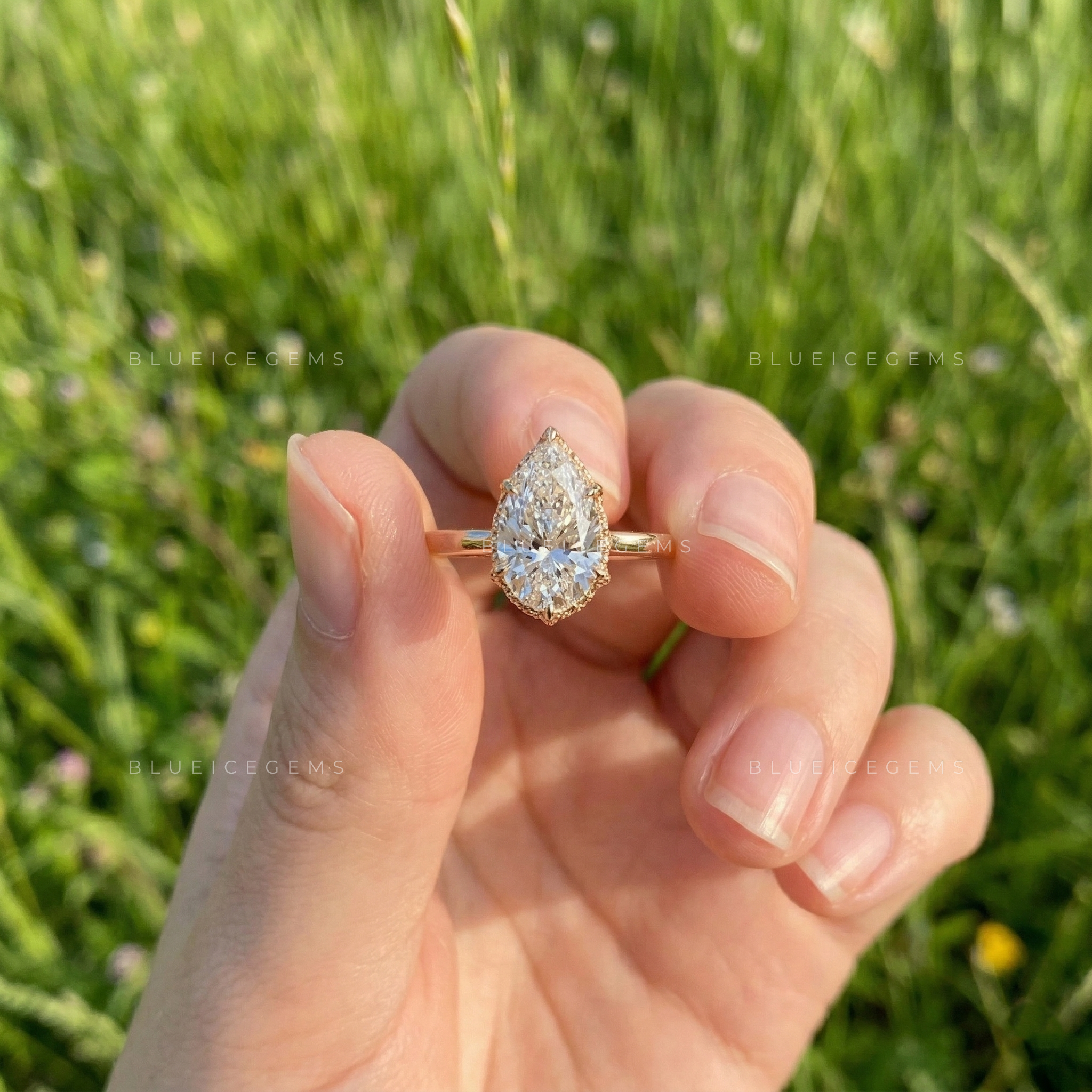 Midnight Bloom Pear Cut Lab Grown Diamond Hidden Halo Ring