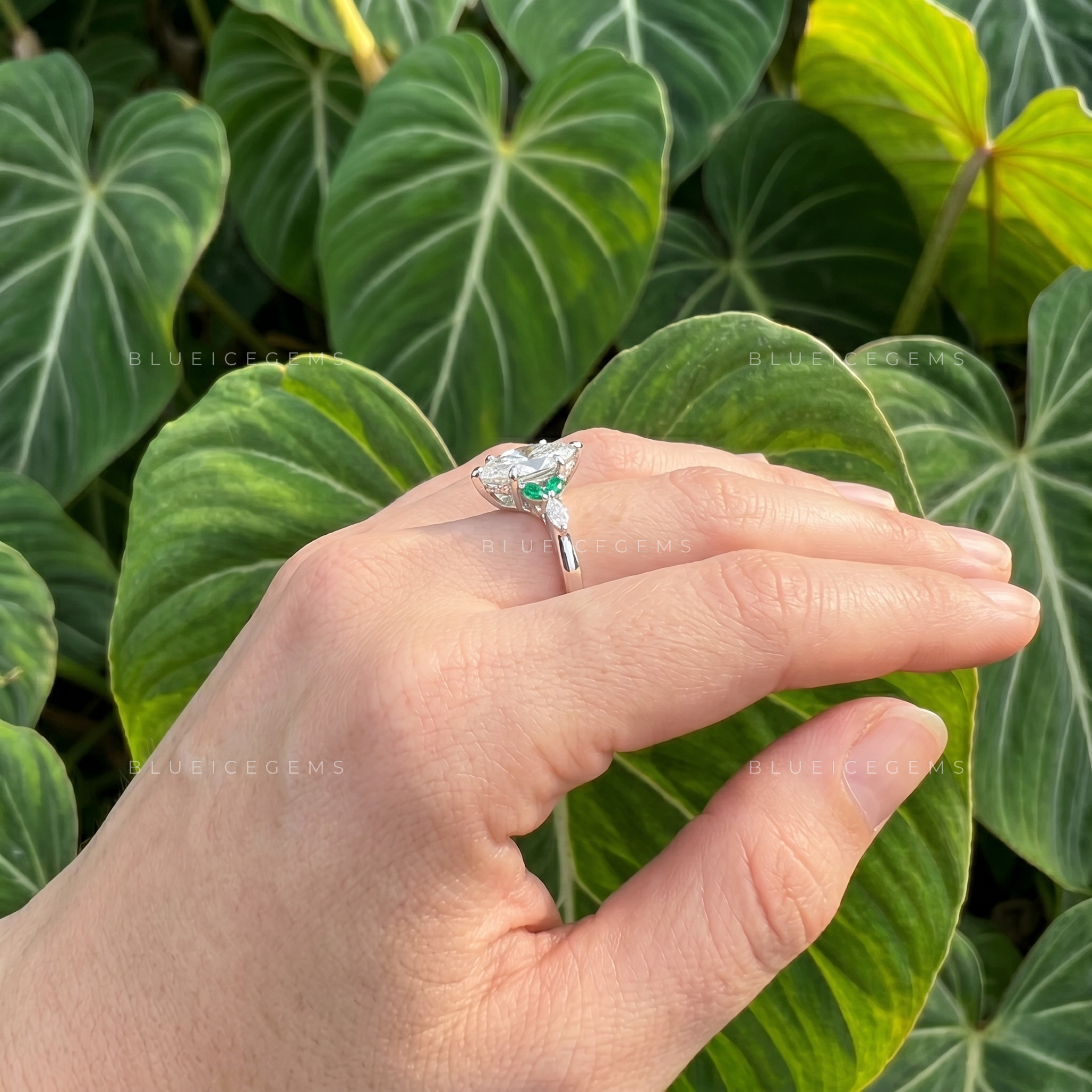 Enchanted Leaf Marquise Cut Engagement Ring with Emerald Accents