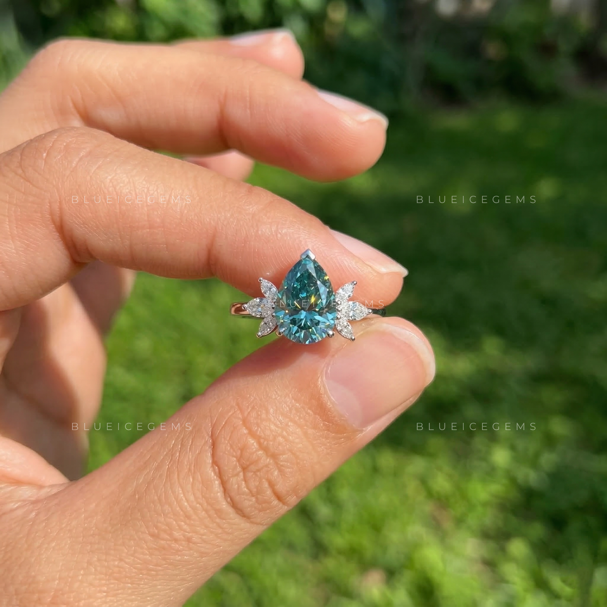 Oceanic Mist Pear Cut Cluster Ring