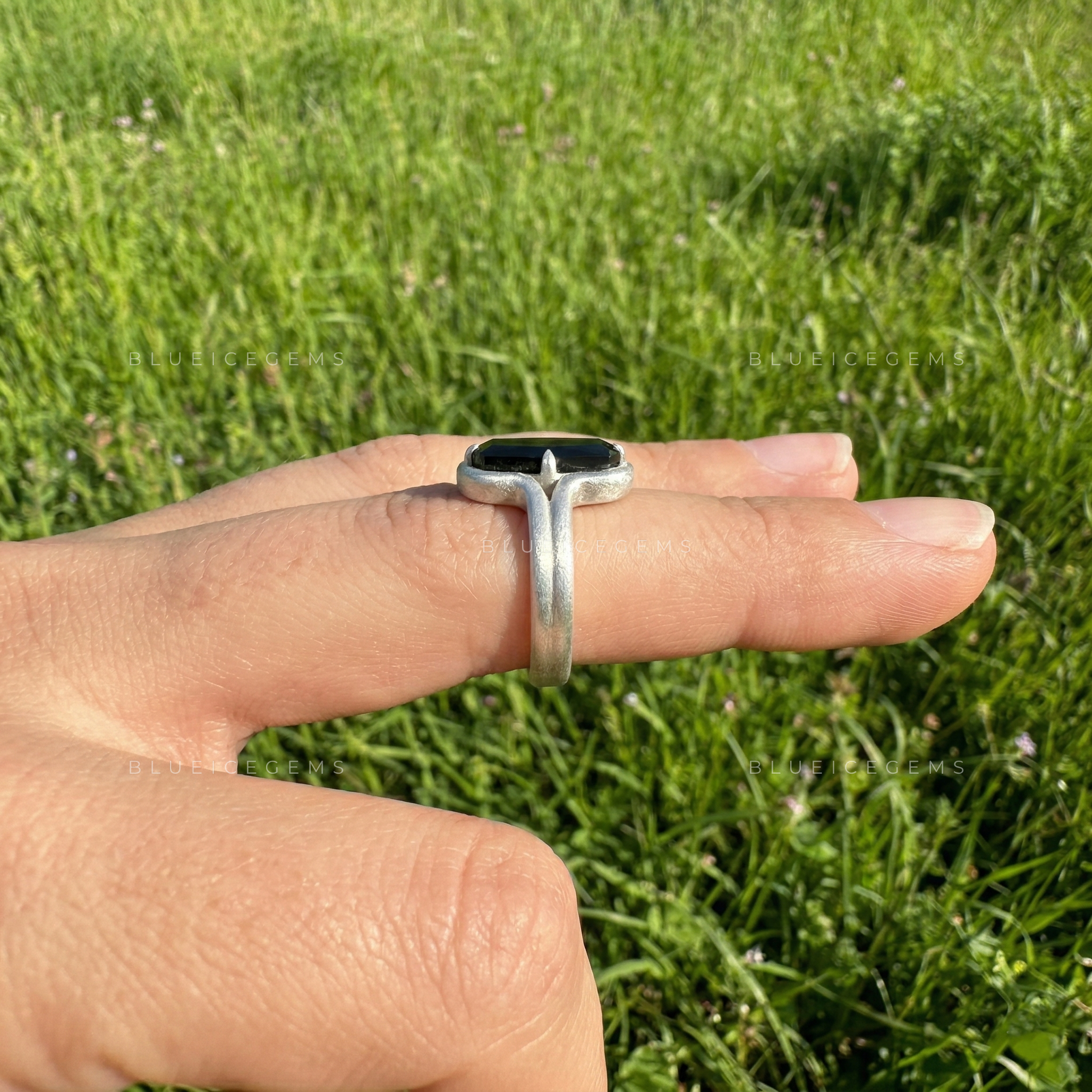 Midnight Noir Cushion Cut Black Moissanite Compass Set Ring