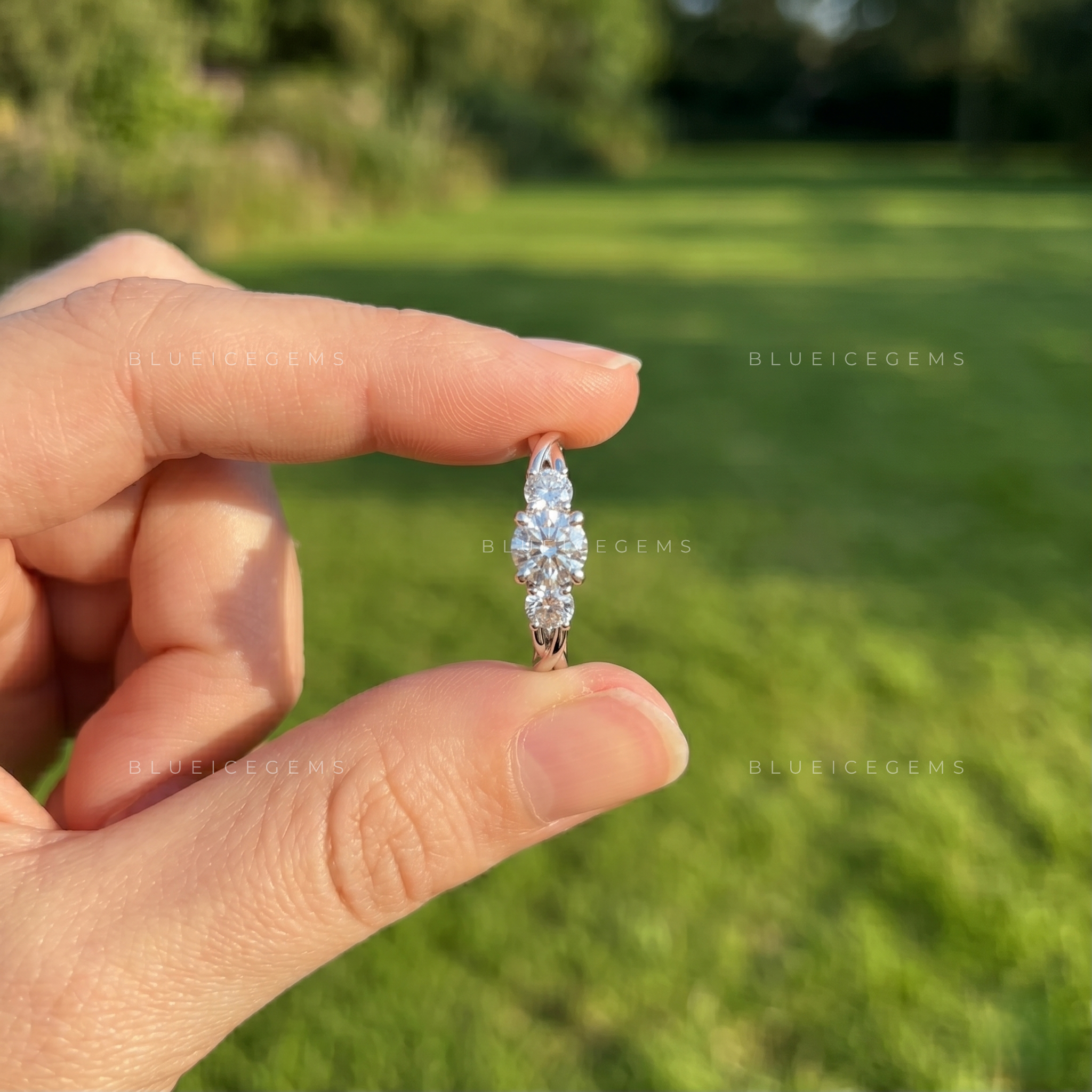 Eternal Harmony Round Cut Three Stone Engagement Ring Unique Twisted Ribbon Anniversary Promise Band