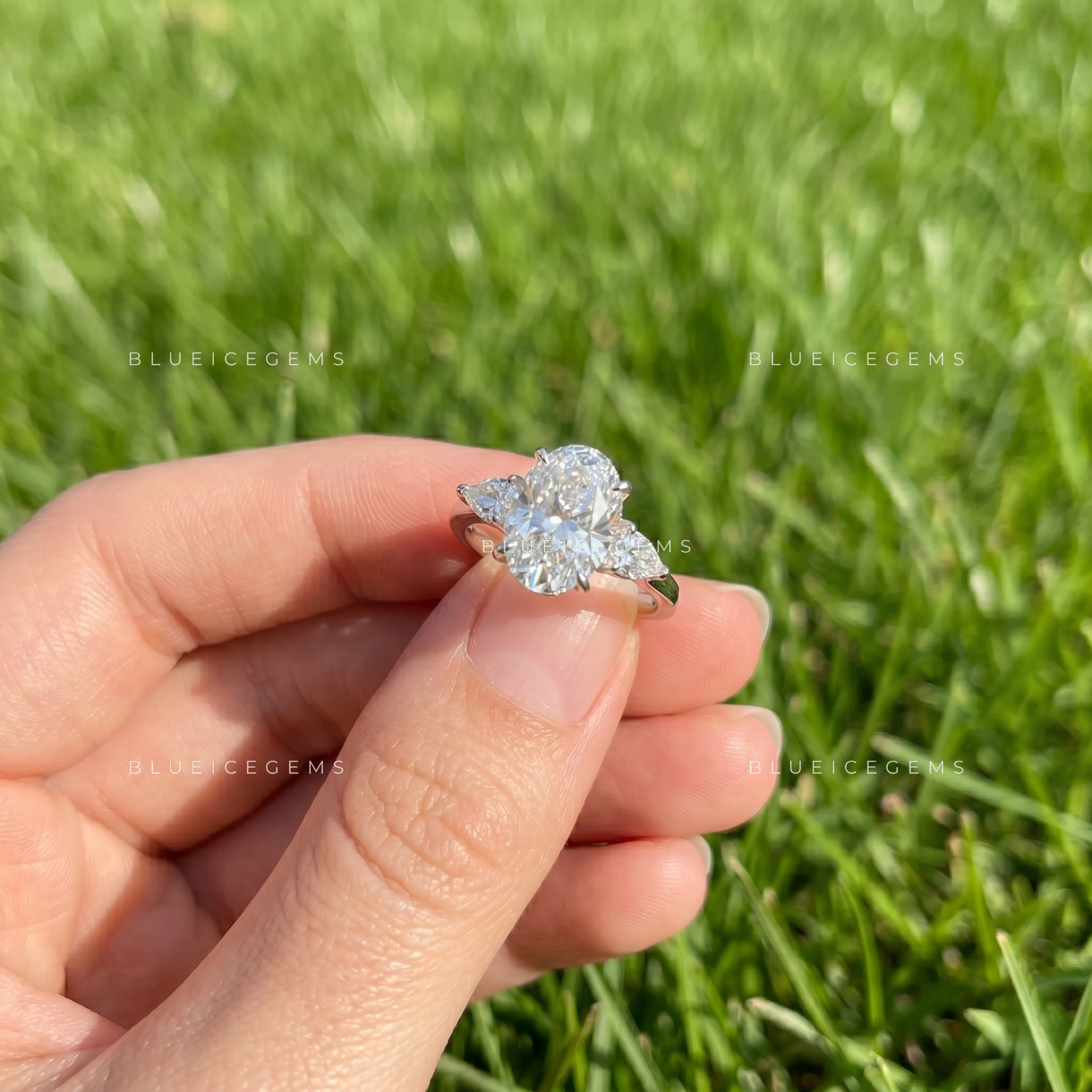 Enchanting Radiance Oval Pear Three Stone Engagement Ring