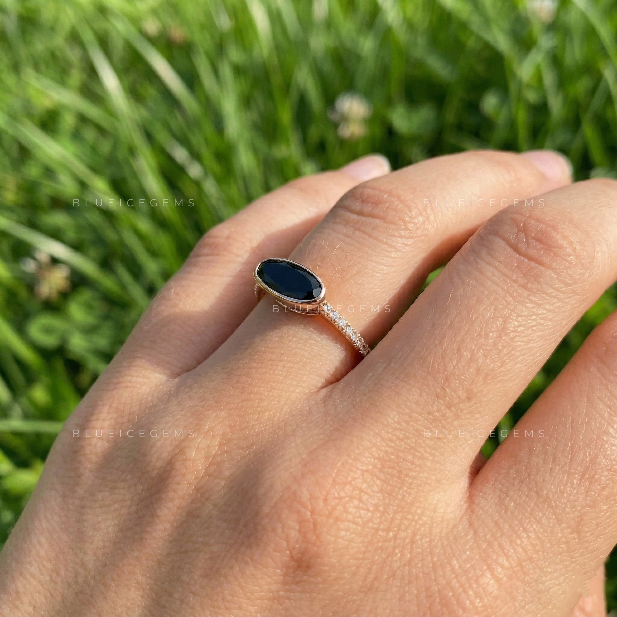 Midnight Noir Moval Cut Black Moissanite Accent Ring