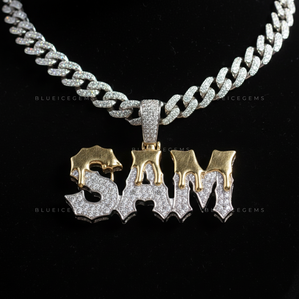 "SAM" Custom Two-Tone Iced-Out Pendant with Liquid Drip Detail