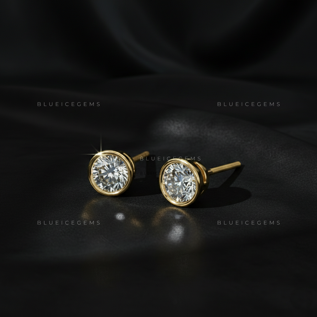 The Golden Aura: Bezel-Set Round Diamond Stud Earrings