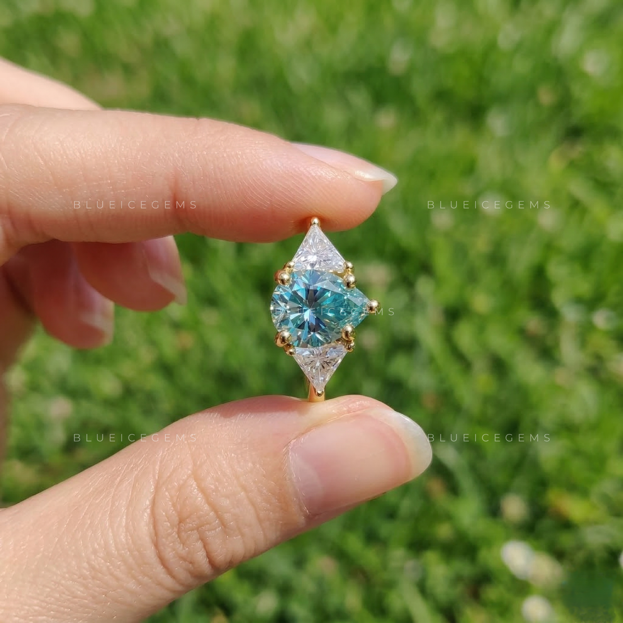 Azure Teardrop Geometric Triangle Three Stone Statement Ring