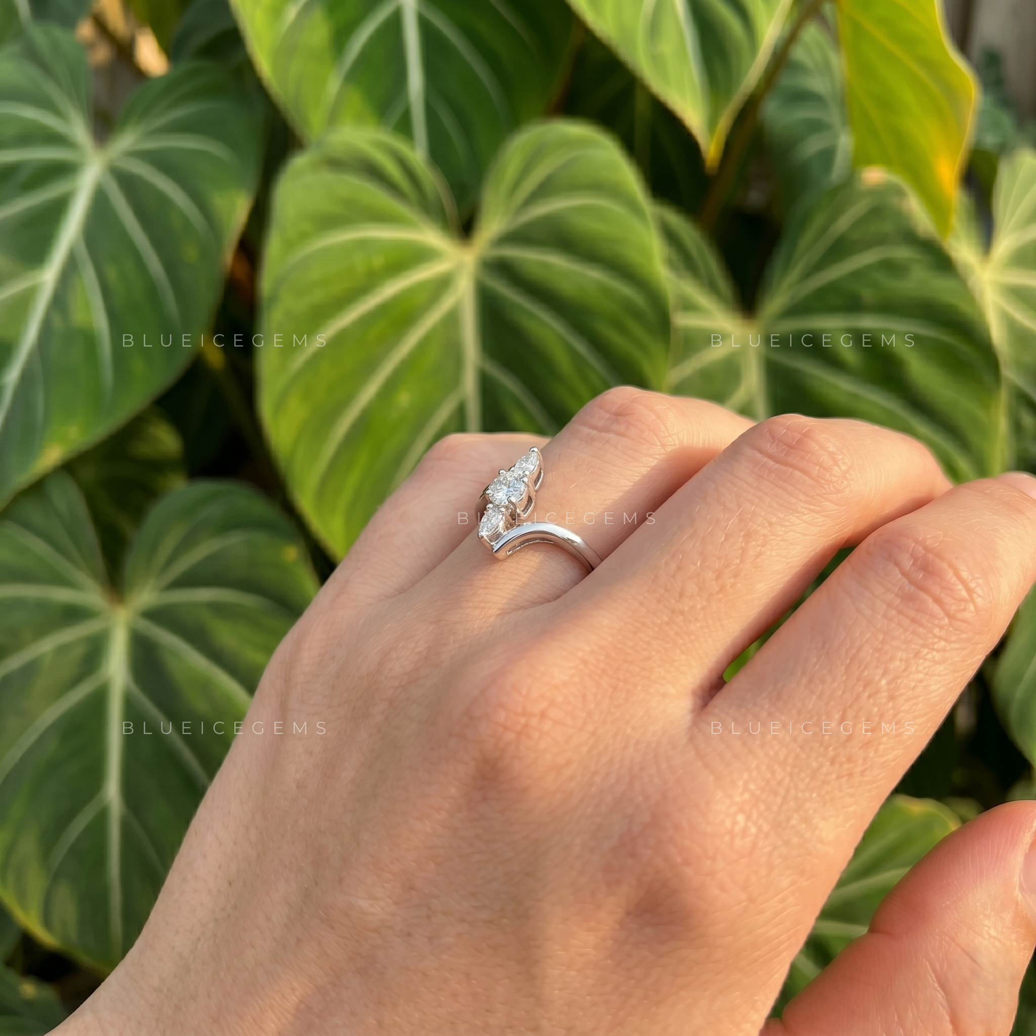 Modern Cascade Vertical Bar Three Stone Bypass Ring