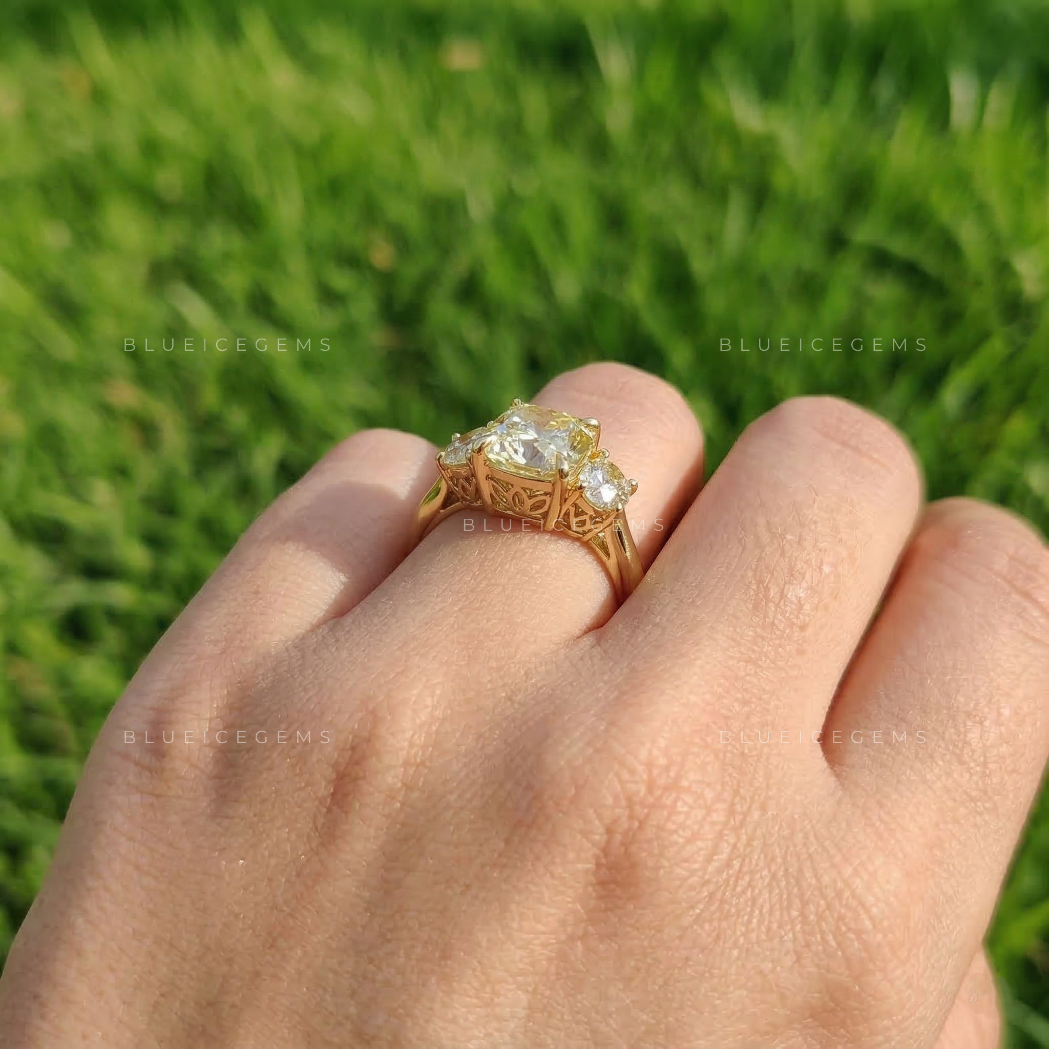 Golden Glow Cushion Cut Half Moon Trilogy Ring