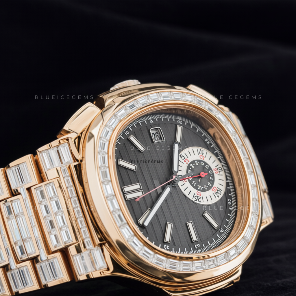 Rose Baguette Peak: Fully Iced-Out Custom Moissanite & Diamond Chronograph
