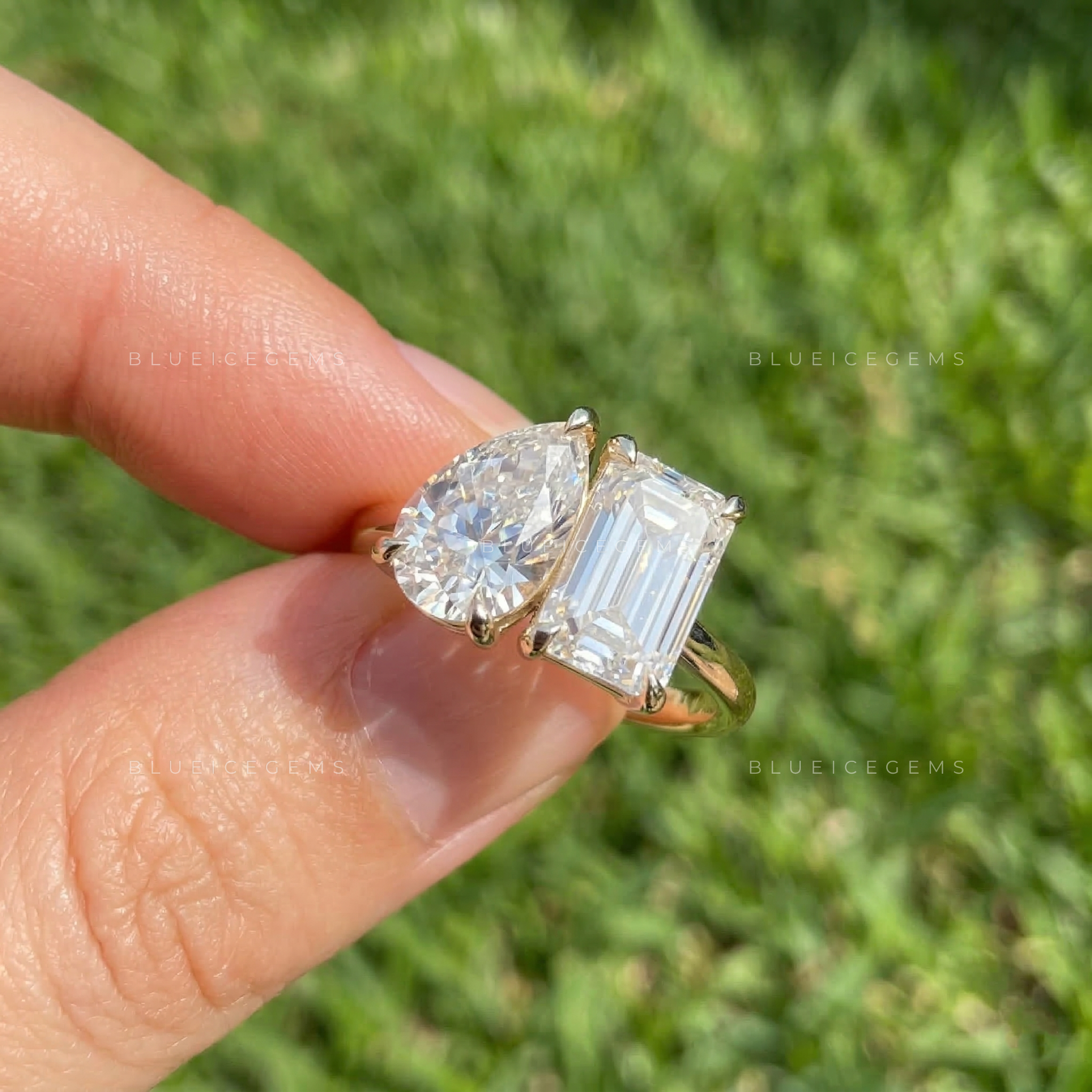 Celestial Tear Pear and Emerald Cut Trilogy Ring