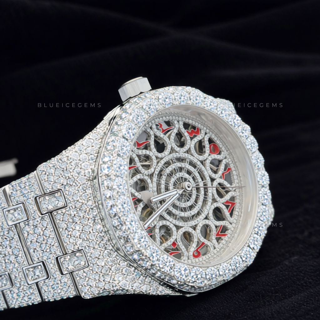 Crimson Filigree: Fully Iced-Out Custom Skeleton Arabic Watch