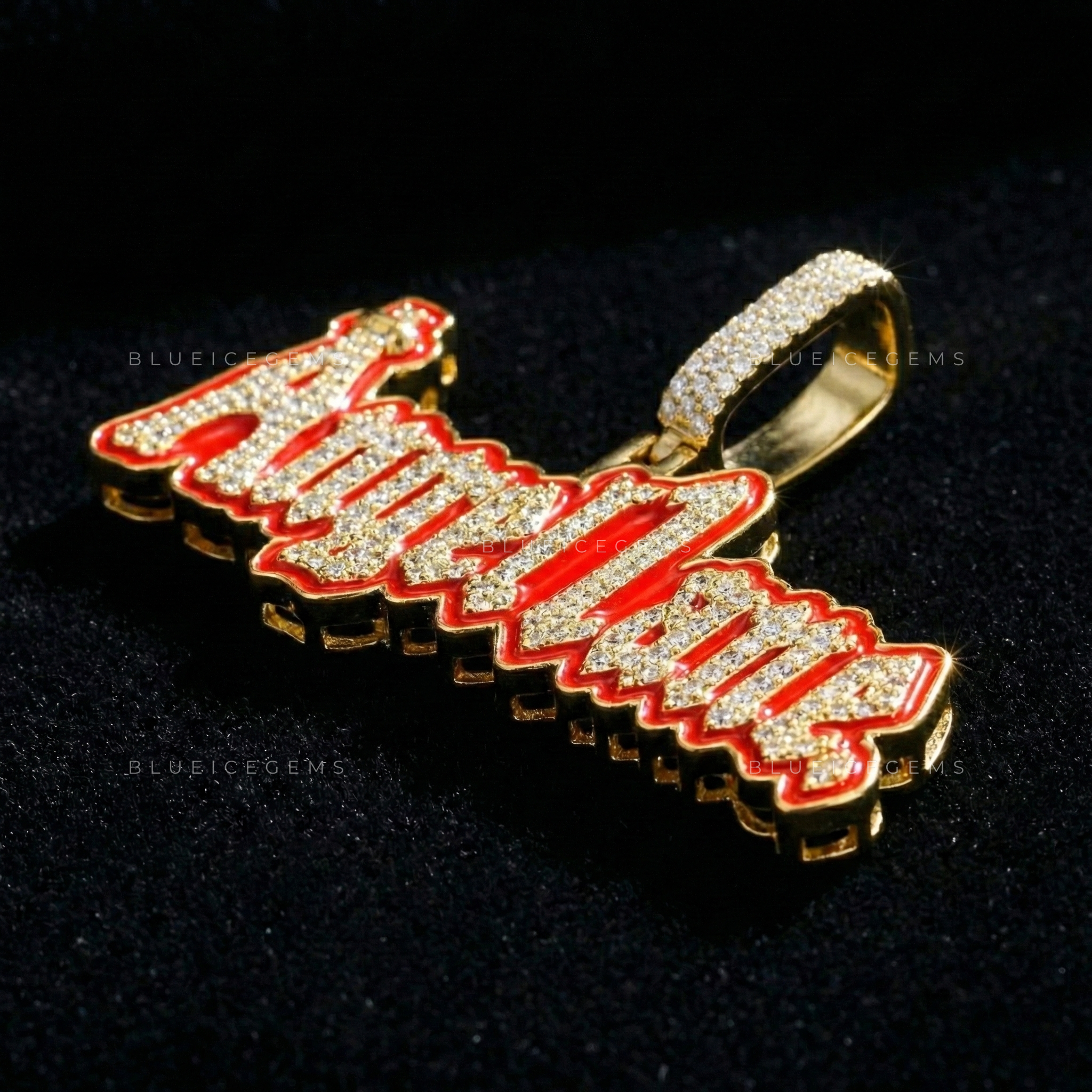 The "ANGEL LANE" Signature: Crimson Enamel & Gothic script Fusion Pendant