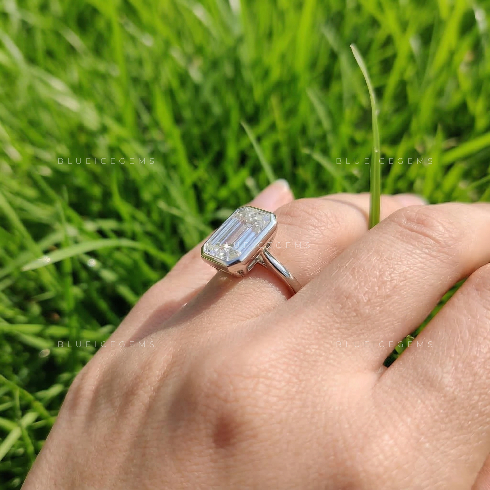Modern Slate Emerald Cut Knife Edge Bezel Ring