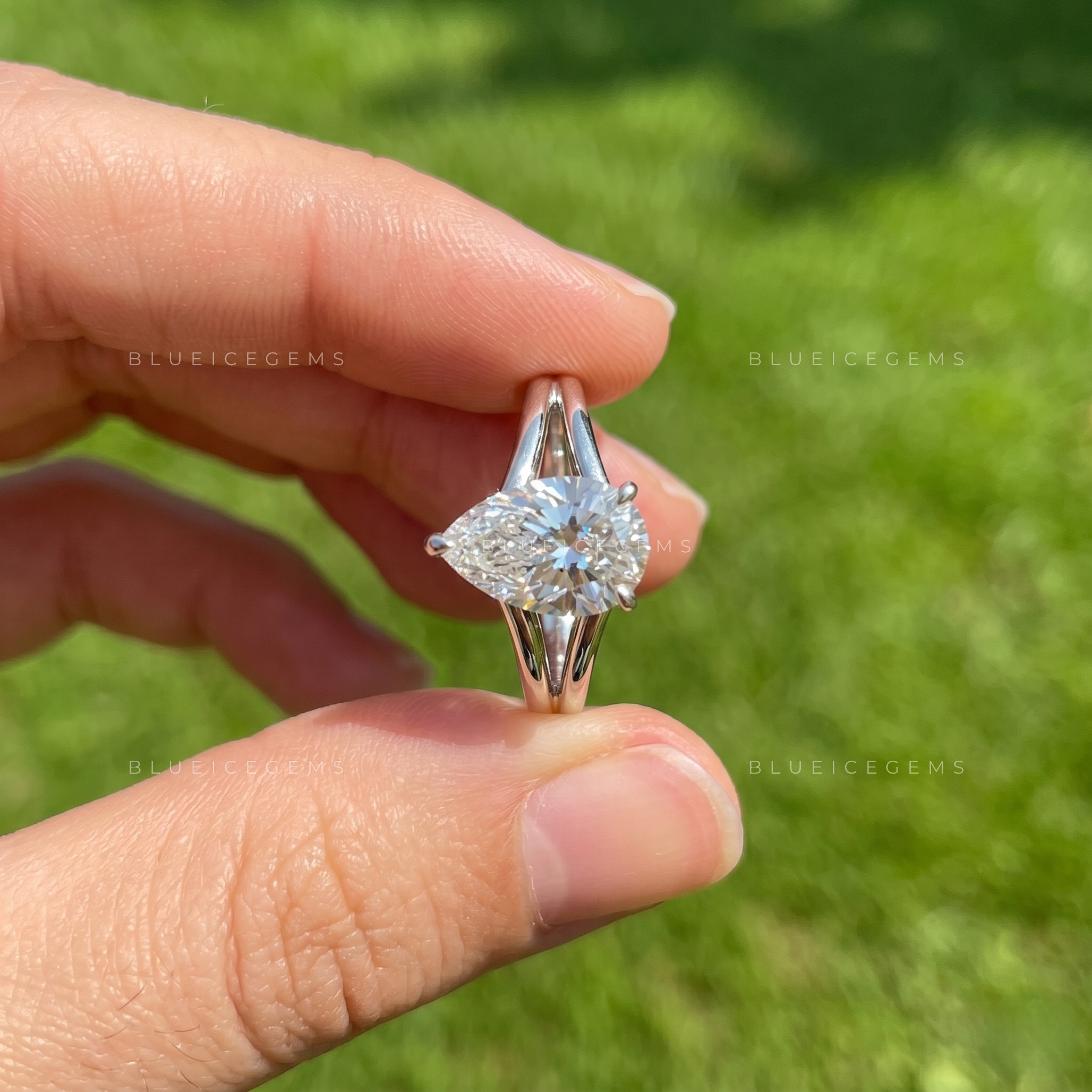 Graceful Majesty Pear Cut Split Shank Hidden Halo Engagement Ring