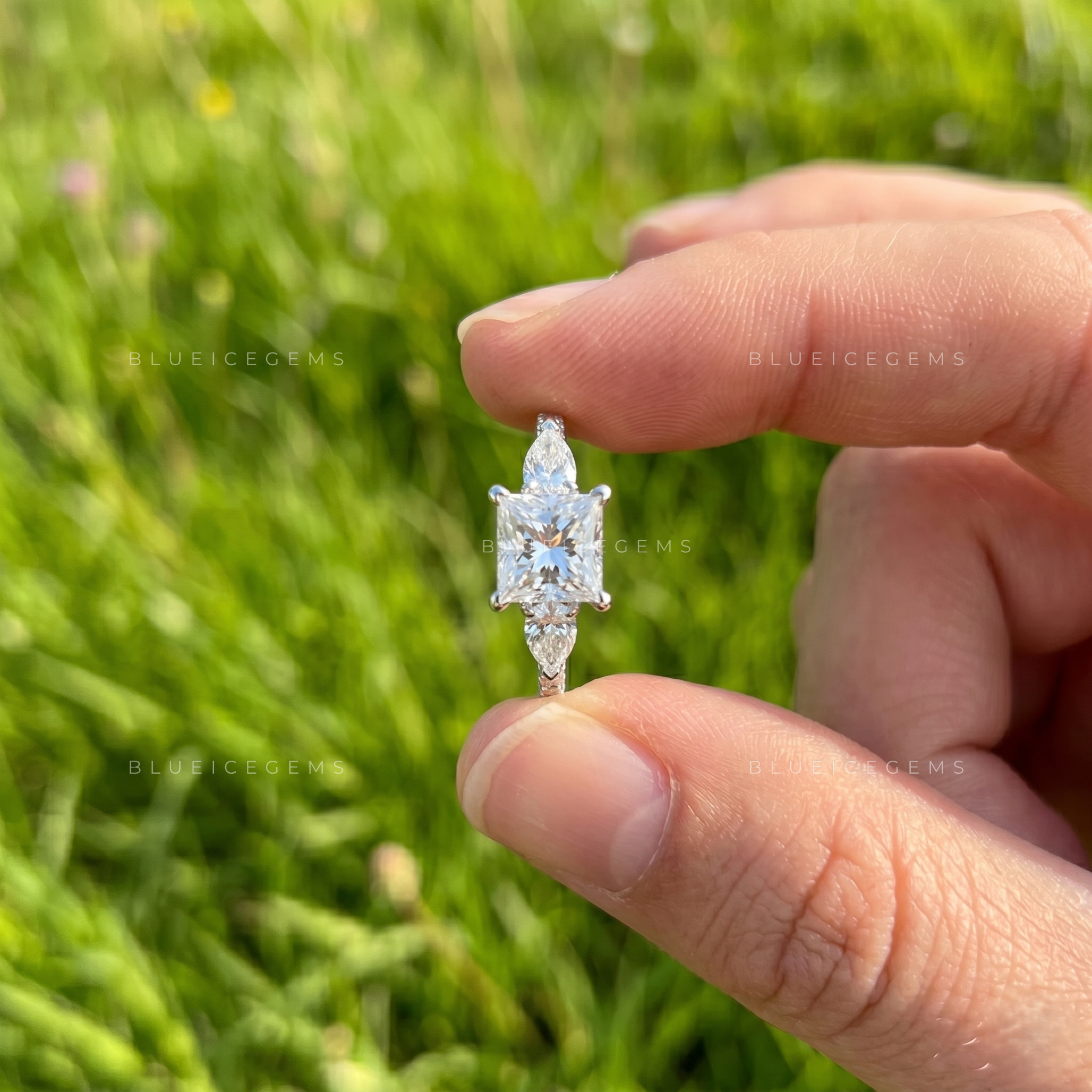 Imperial Elegance Princess Cut with Side Pear and Round Accent Trilogy Ring