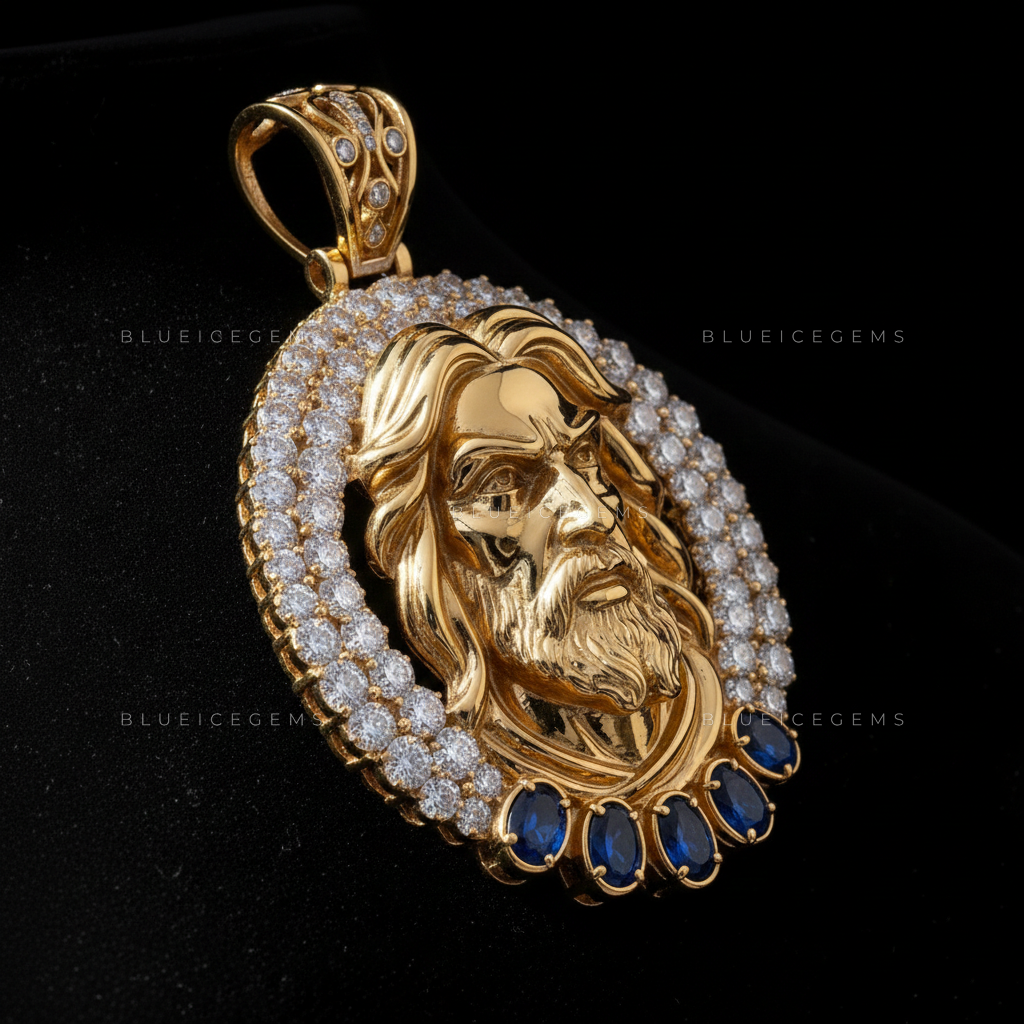 The "Divine Sovereign" Medallion: Sculptural Gold Portrait & Azure Sapphire Halo