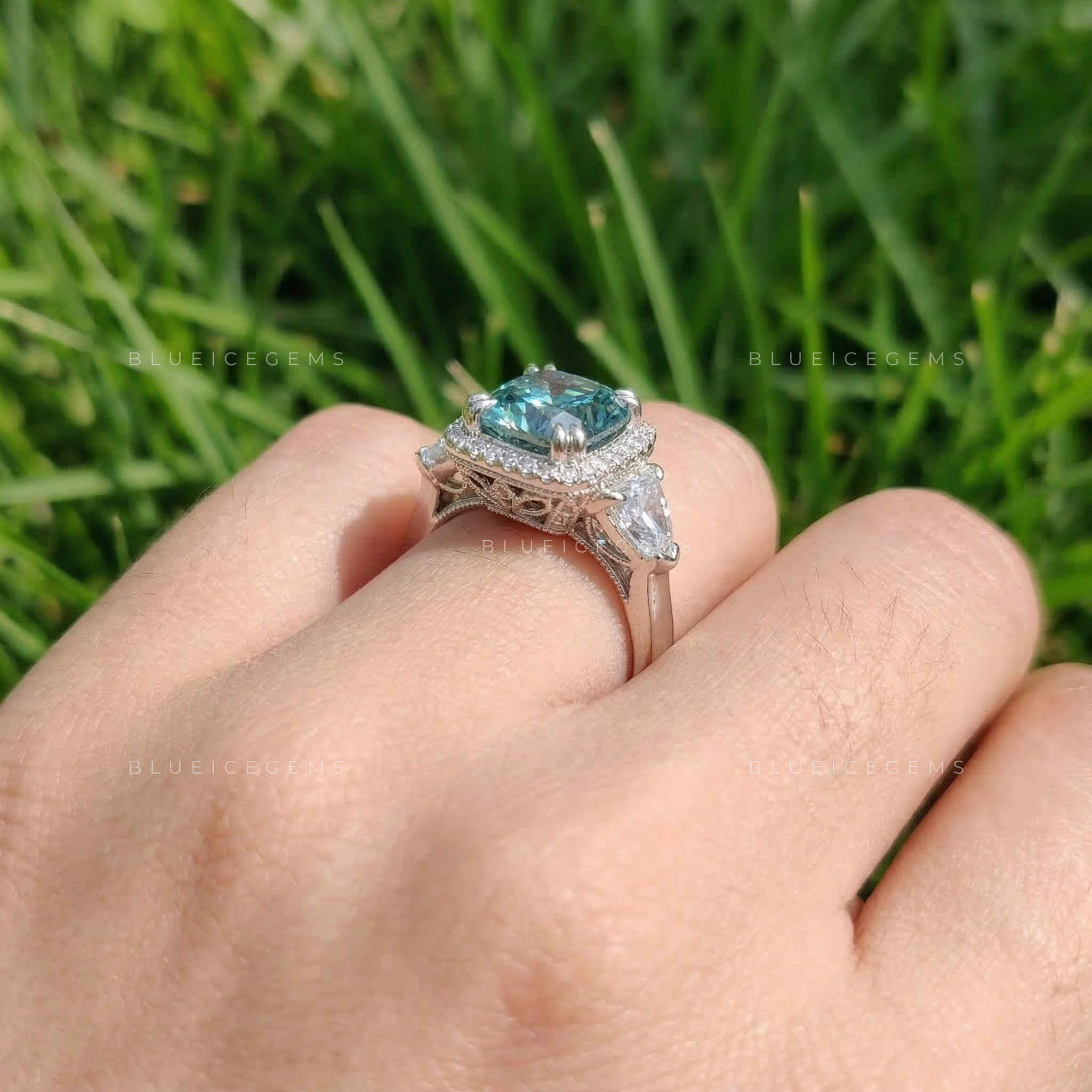Azure Serenity Cushion and Halfmoon Five-Stone Ring