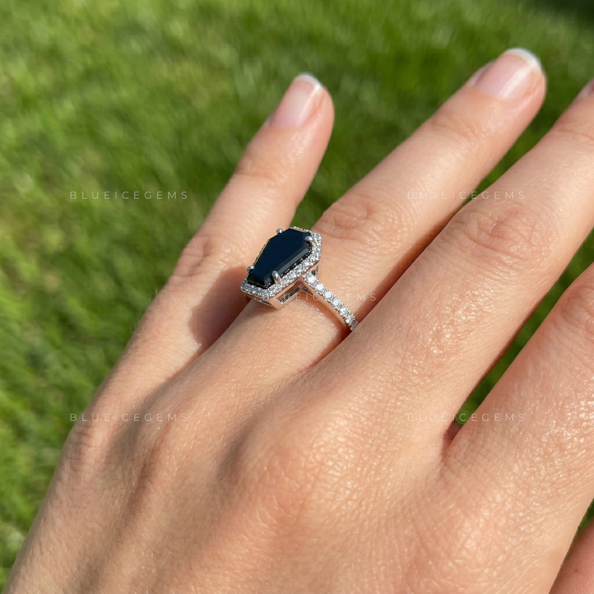 Midnight Noir Coffin Cut Black Moissanite Halo Engagement Ring
