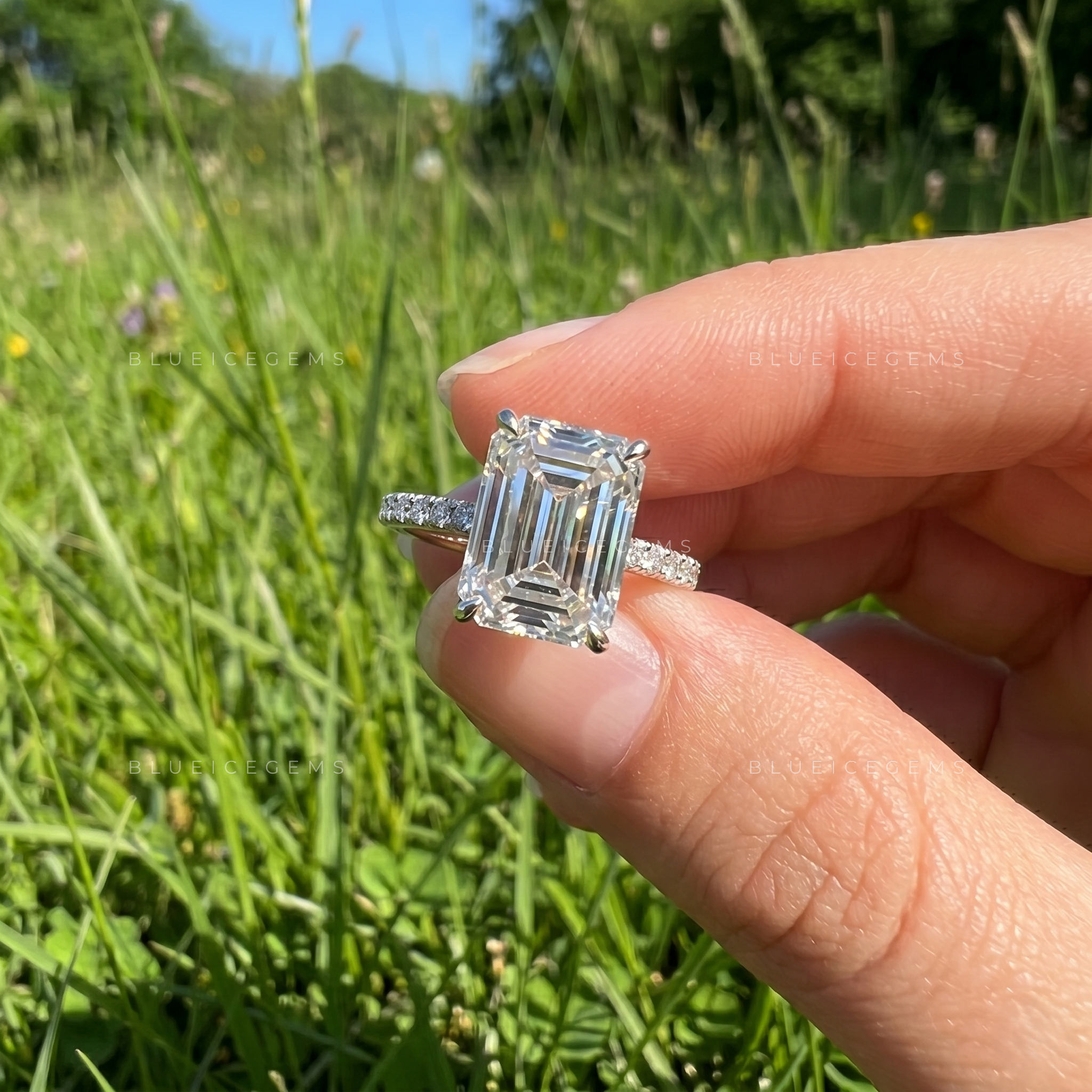 Infinite Clarity Emerald Cut Hidden Halo Engagement Ring