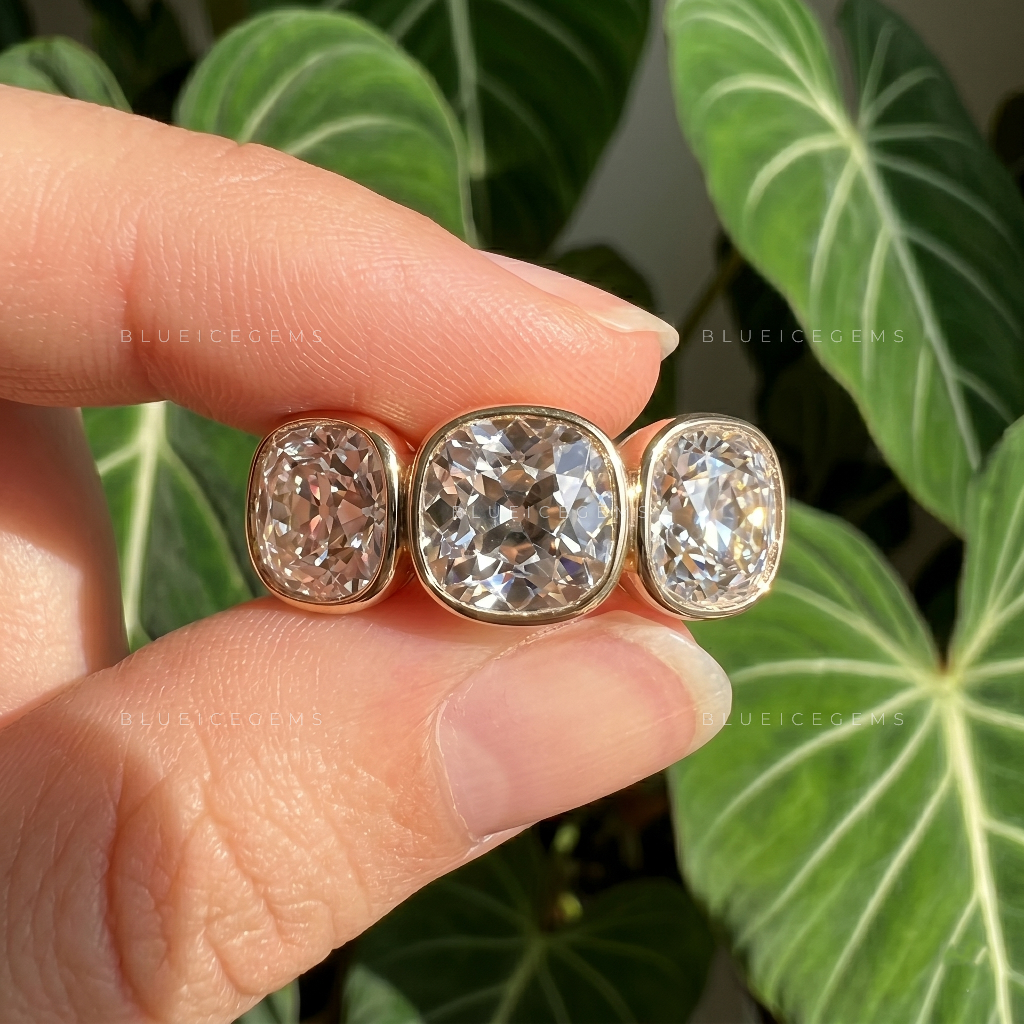 Timeless Charm Old Mine Cut Bezel Three Stone Engagement Ring