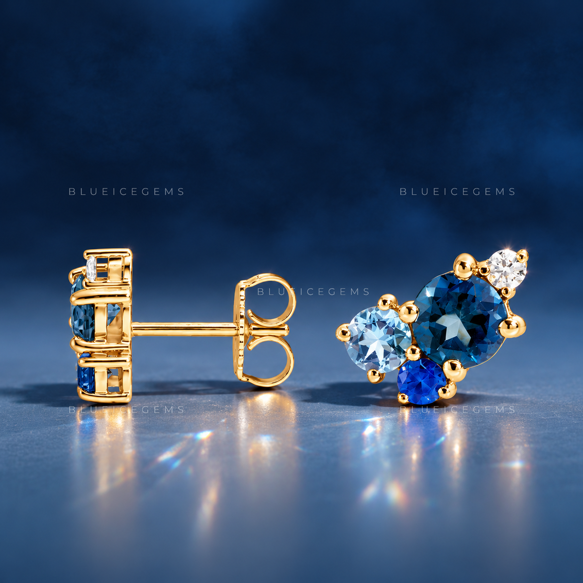 Blue Gemstone Cluster Stud Earrings