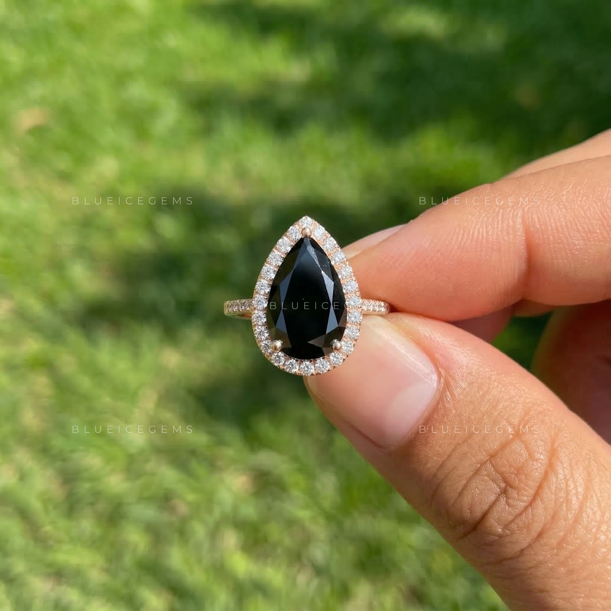 Midnight Velvet Pear Cut Black Moissanite Halo Ring