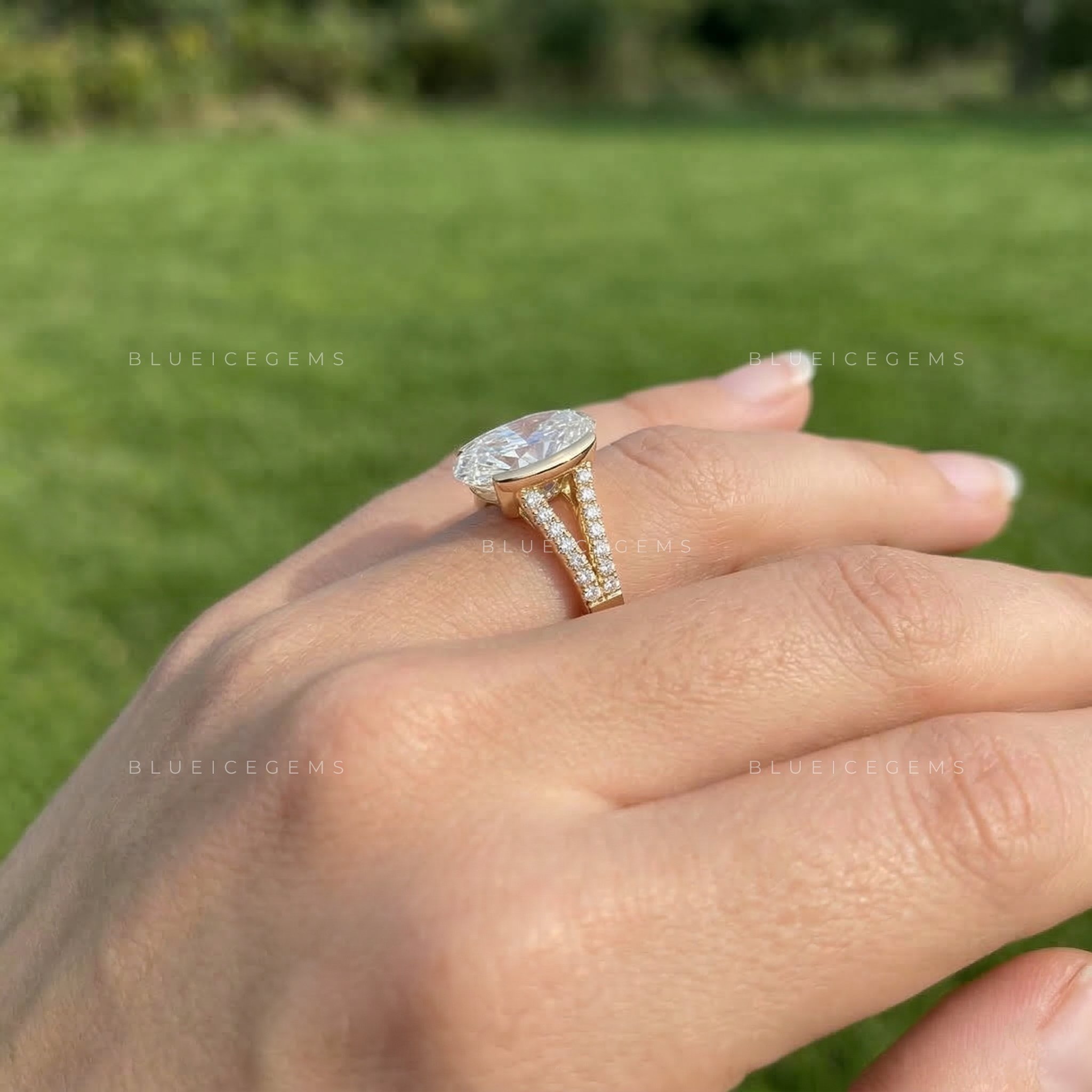 Modern Half Bezel Oval Cut Pavé Engagement Ring