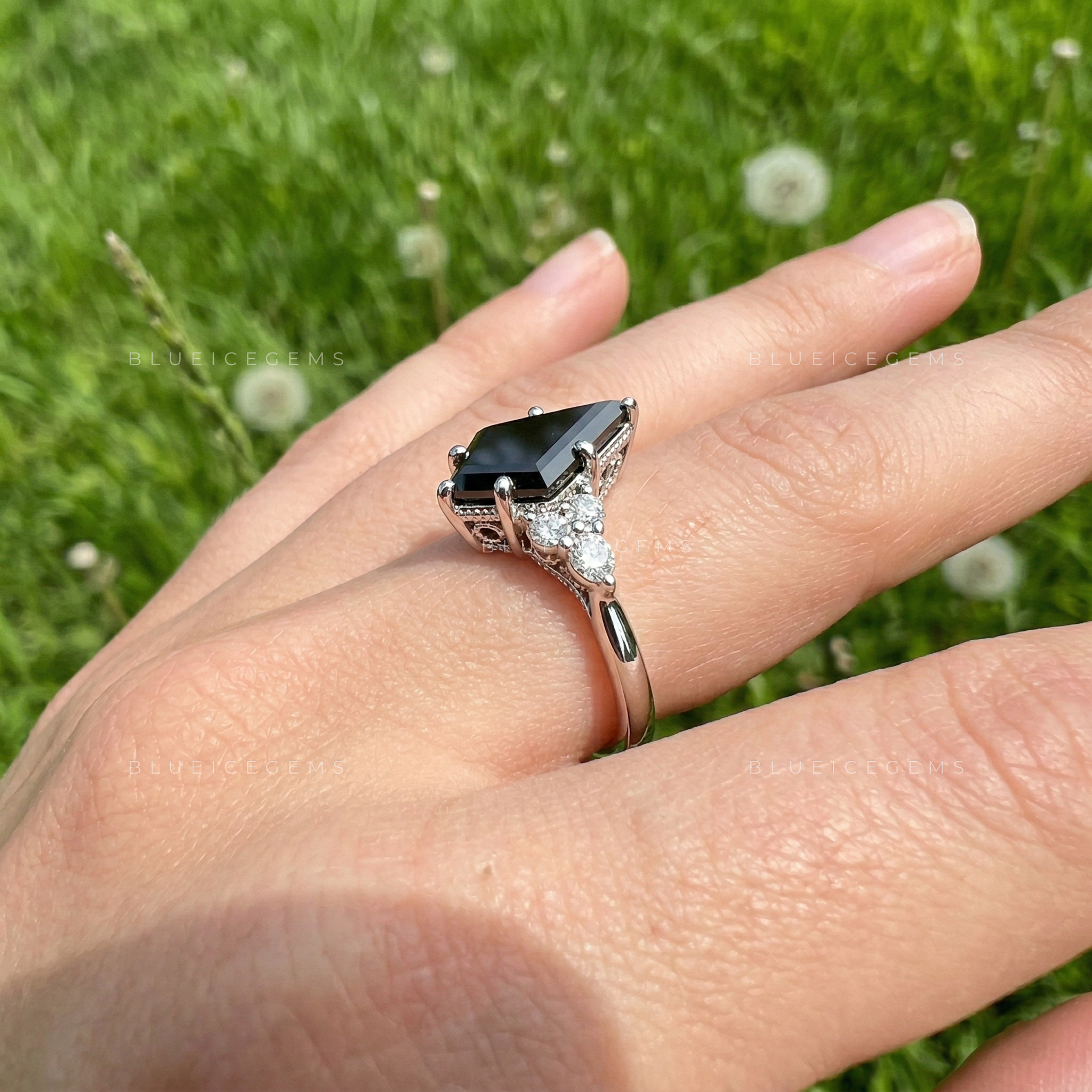 Midnight Noir Kite Cut Black Diamond Celestial Accent Ring