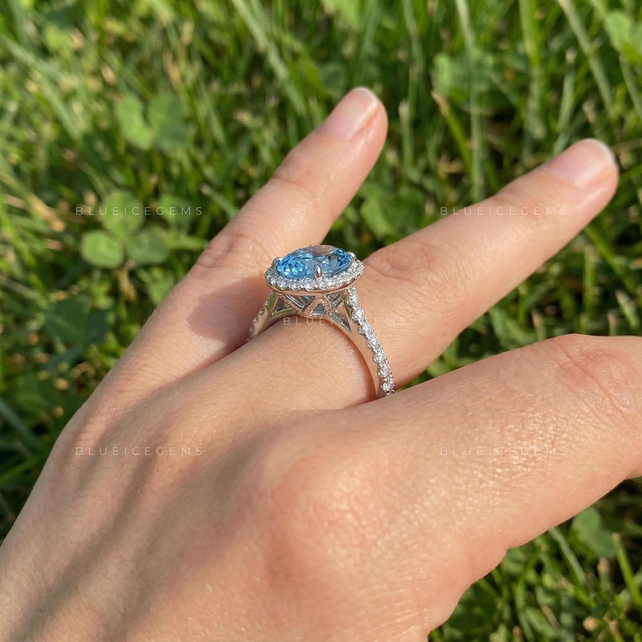 The "Midnight Siren" Oval Blue Diamond: Statement Halo Ring
