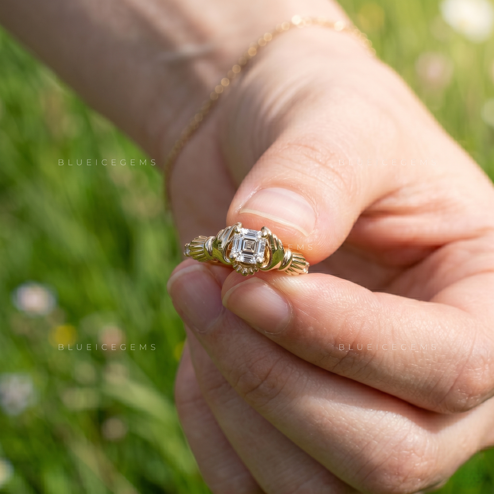 Traditional Love Claddagh Heart Promise Ring Unique Asscher Cut Alternative Engagement Gift Band