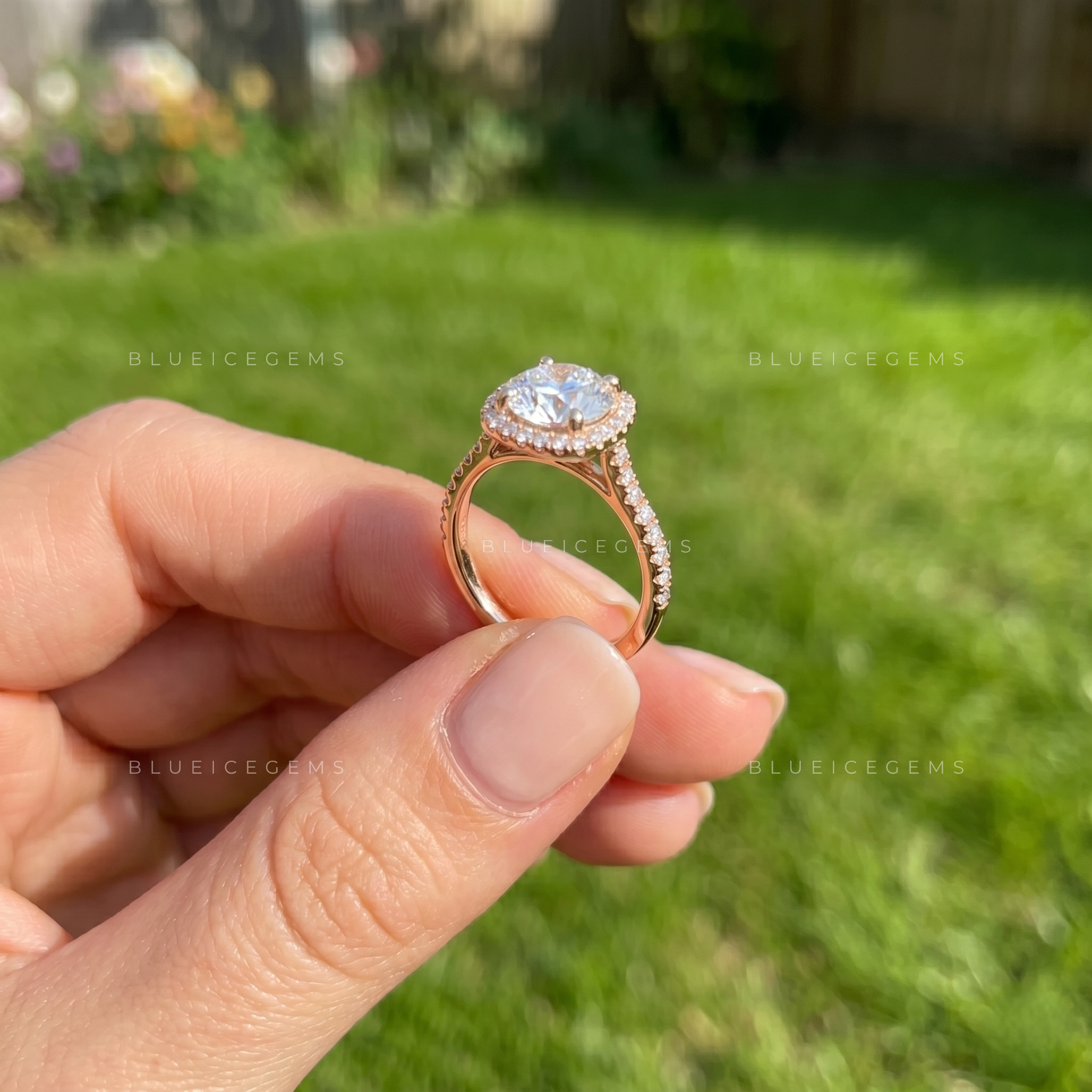 Celestial Sparkle Round Brilliant Cut Halo Tapered Pave Engagement Ring