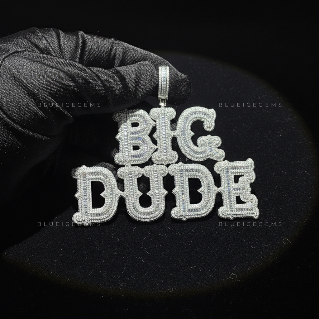 "DRE" Custom Gothic Script Iced-Out Pendant with Baguette and Round Diamonds