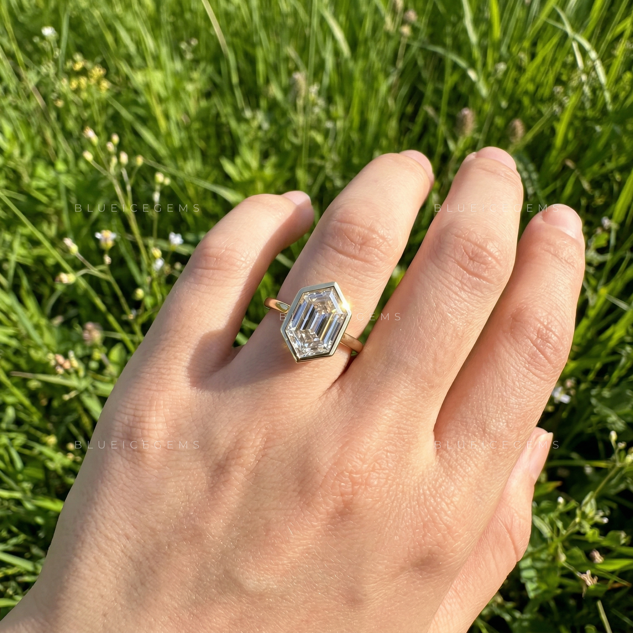 Geometric Hexagon Step Cut Bezel Set Cathedral Engagement Ring